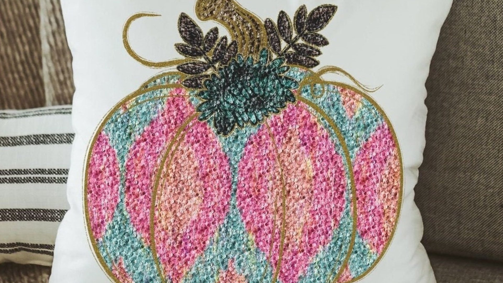 colorful pumpkin throw pillow covers 18x18, faux sequin turquoise pumpkin accent pillows for couch, cute pumpkin gifts, bright fall decor