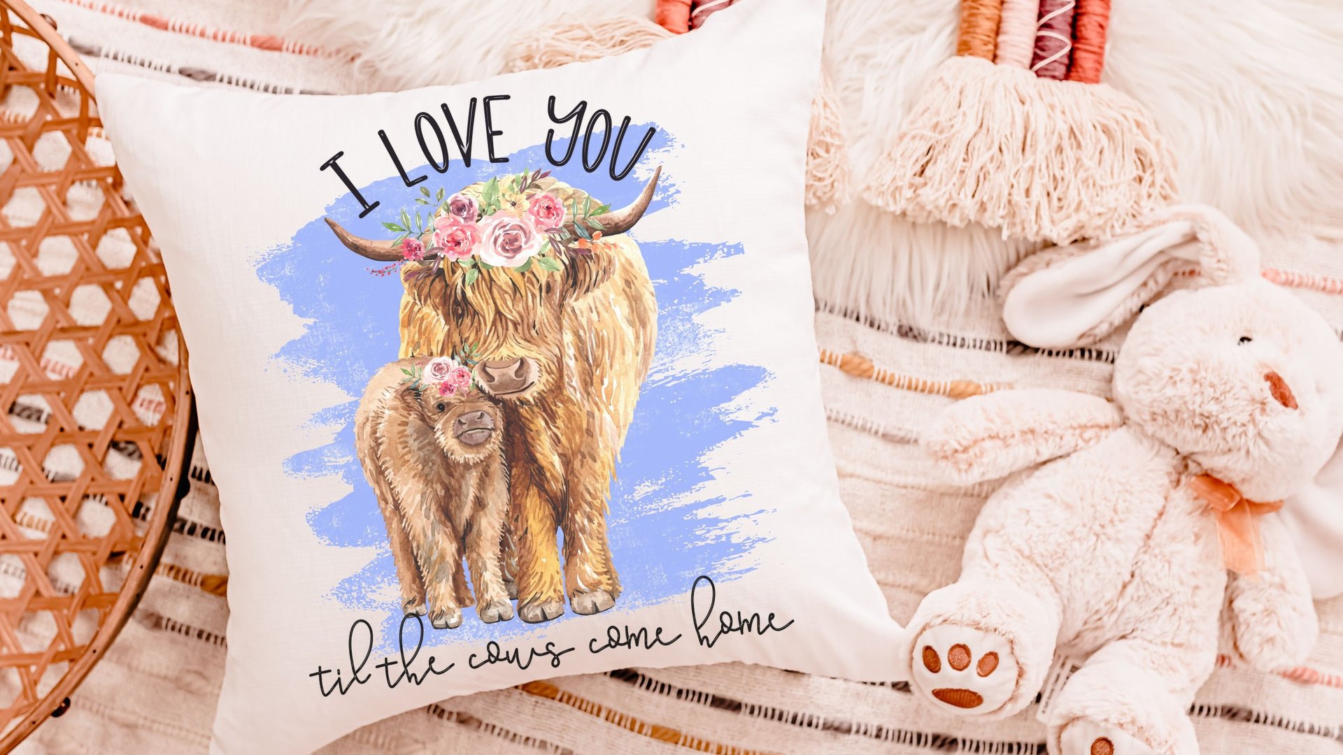i love you till the cows come home highland cow throw pillow for nursery, cow nursery decor, shaggy cow gifts for cow lovers, rocking chair