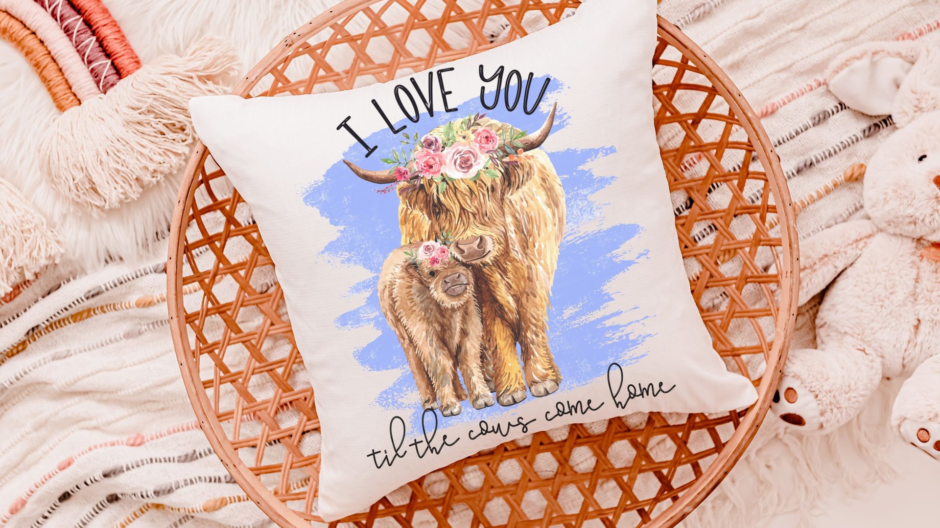 i love you till the cows come home highland cow throw pillow for nursery, cow nursery decor, shaggy cow gifts for cow lovers, rocking chair