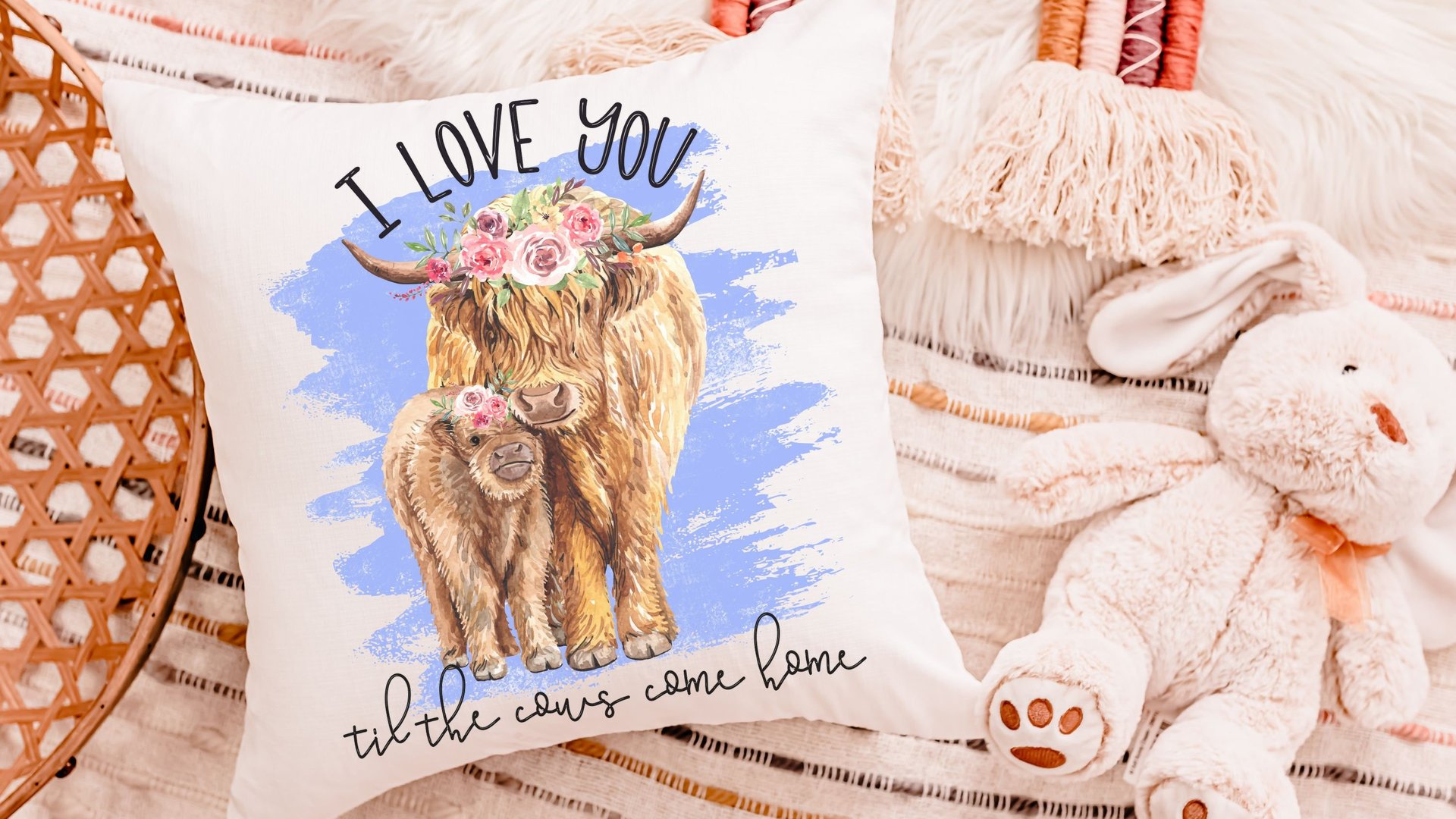 i love you till the cows come home highland cow throw pillow for nursery, cow nursery decor, shaggy cow gifts for cow lovers, rocking chair