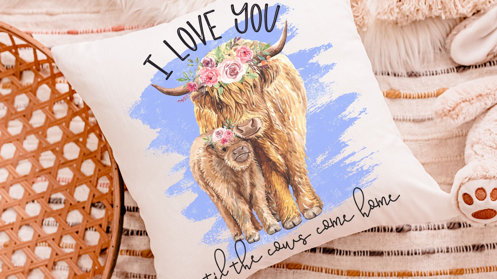 i love you till the cows come home highland cow throw pillow for nursery, cow nursery decor, shaggy cow gifts for cow lovers, rocking chair