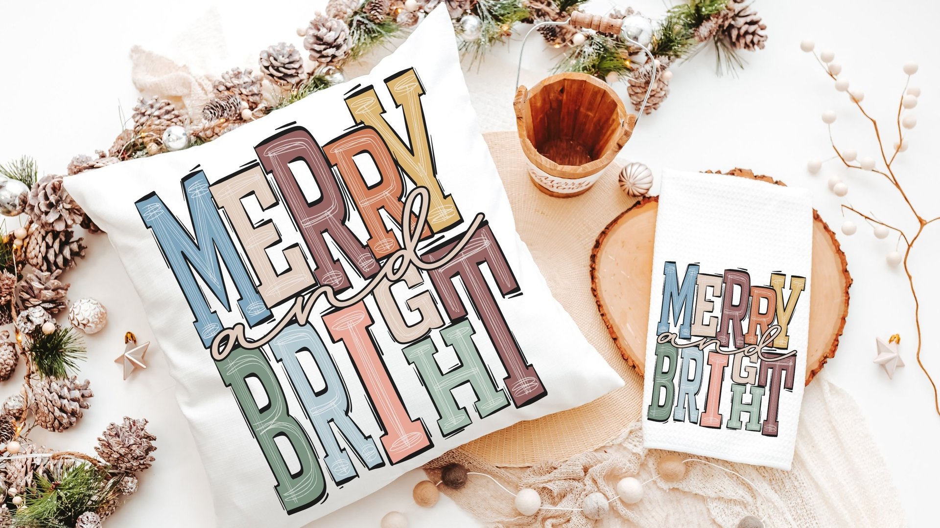 merry and bright cute Christmas throw pillow for sofa, trendy Christmas decor for home, boho Christmas kitchen towel, Christmas gift set new