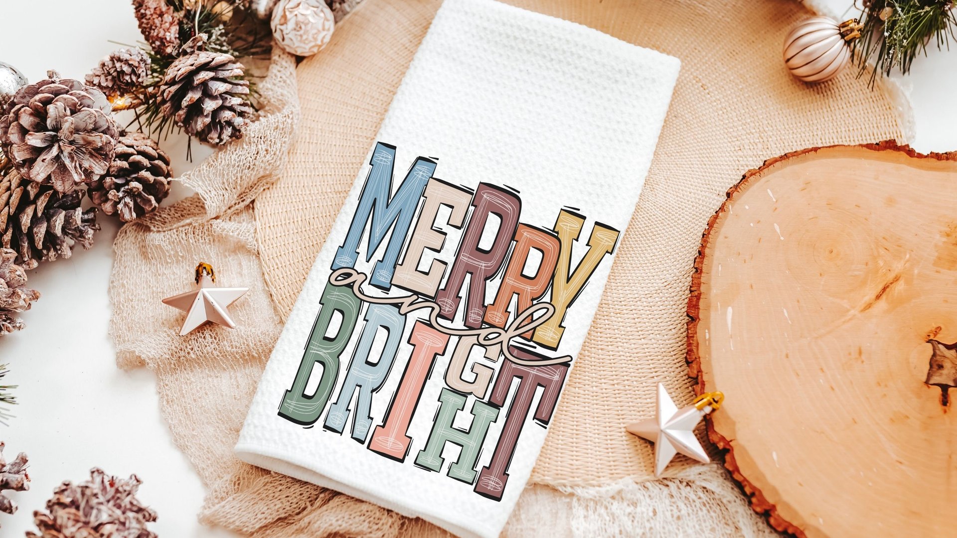 merry and bright cute Christmas throw pillow for sofa, trendy Christmas decor for home, boho Christmas kitchen towel, Christmas gift set new