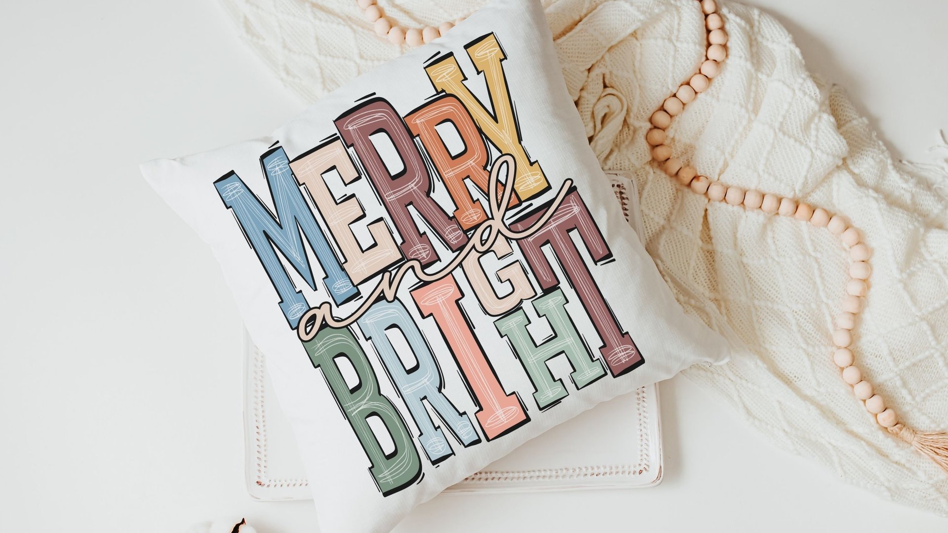 merry and bright cute Christmas throw pillow for sofa, trendy Christmas decor for home, boho Christmas kitchen towel, Christmas gift set new