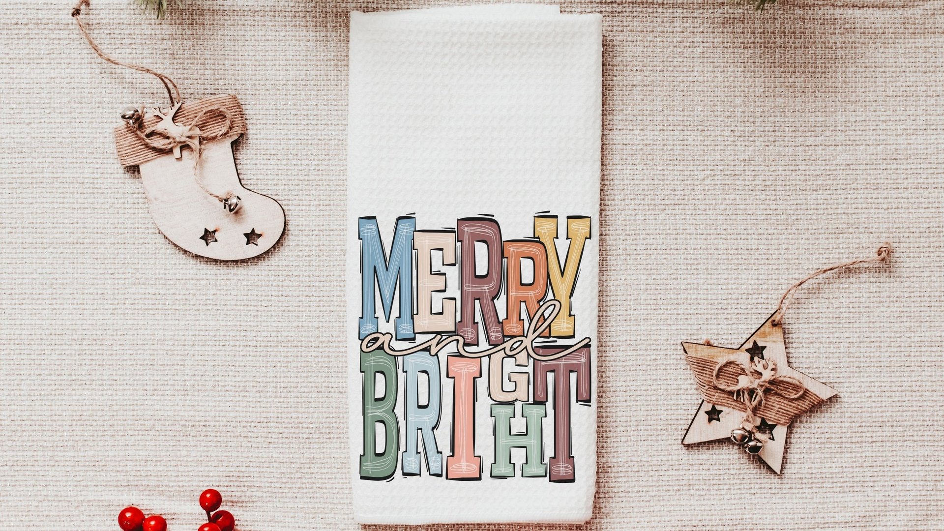 merry and bright cute Christmas throw pillow for sofa, trendy Christmas decor for home, boho Christmas kitchen towel, Christmas gift set new