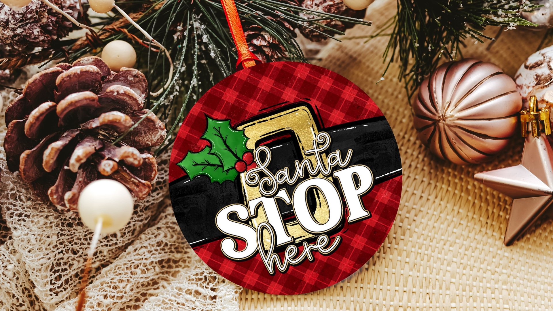 Santa stop here stocking tags for Christmas door knob hangers, cute Christmas ornament for kids, Santa Claus Christmas ornament gift best