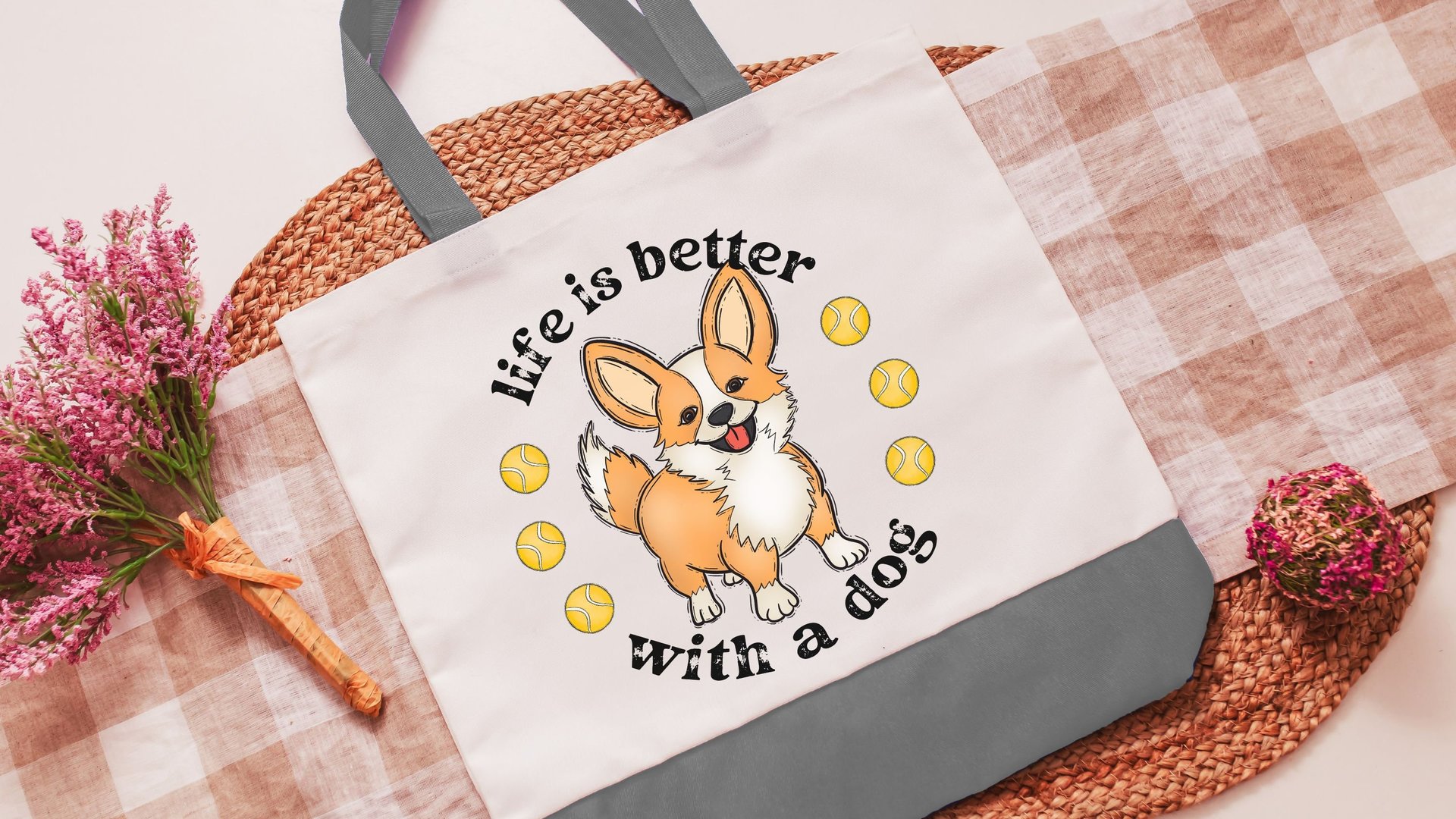 life is better with a dog corgi tote bag for women, cute corgi gifts for corgi lovers, Mothers day gifts for dog mom, corgi mom gifts, eco