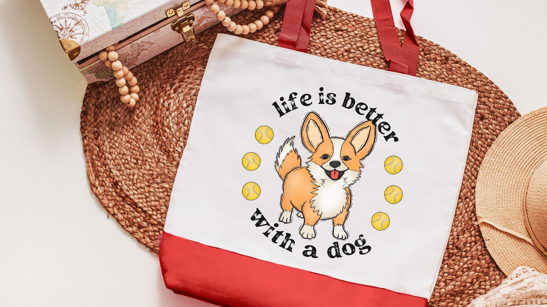 life is better with a dog corgi tote bag for women, Pembroke Welsh corgi gifts for corgi lovers, cute corgi mom tote bag for books, cardigan