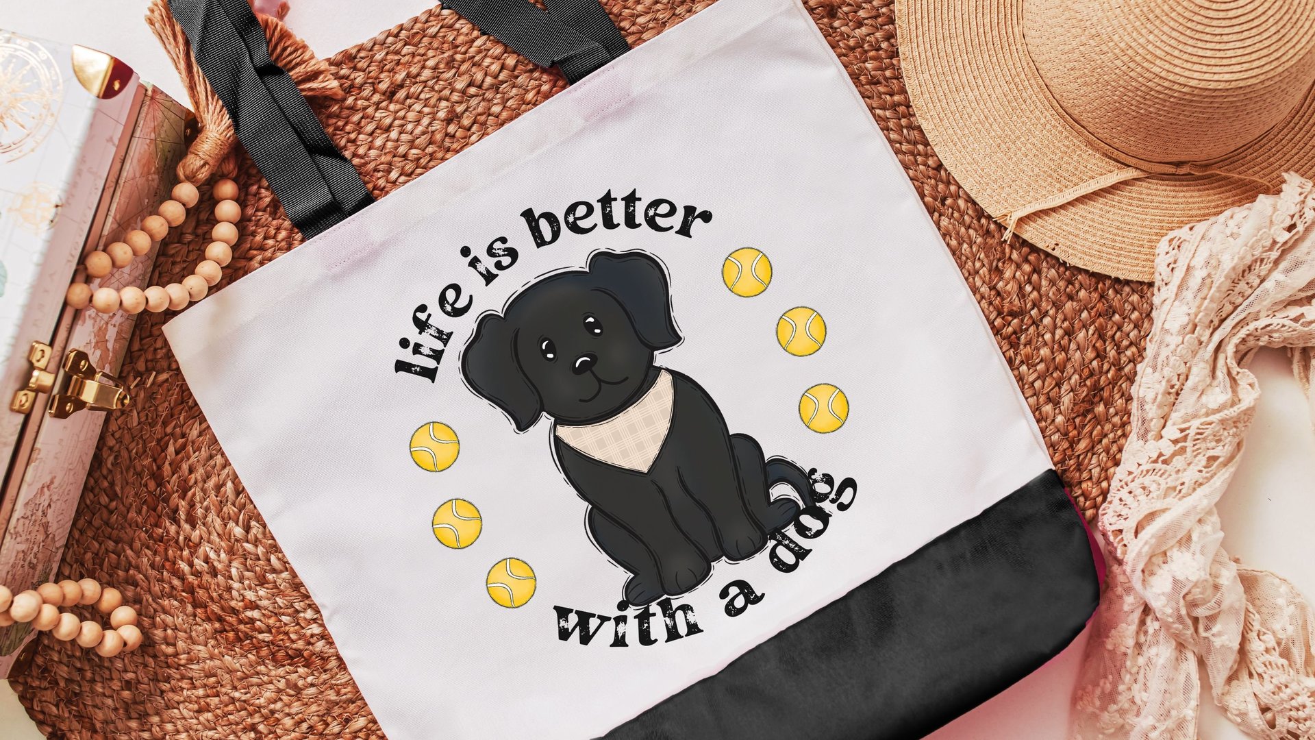 life is better with a dog labrador retriever tote bags for dog lovers, black lab totes for women, black labrador mom gift, cute dog gifts