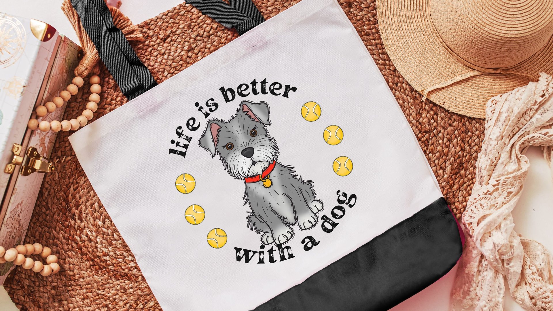 life is better with dogs miniature schnauzer tote bag for women, cute Mothers day gifts from dog, reusable shopping bag, schnauzer gifts