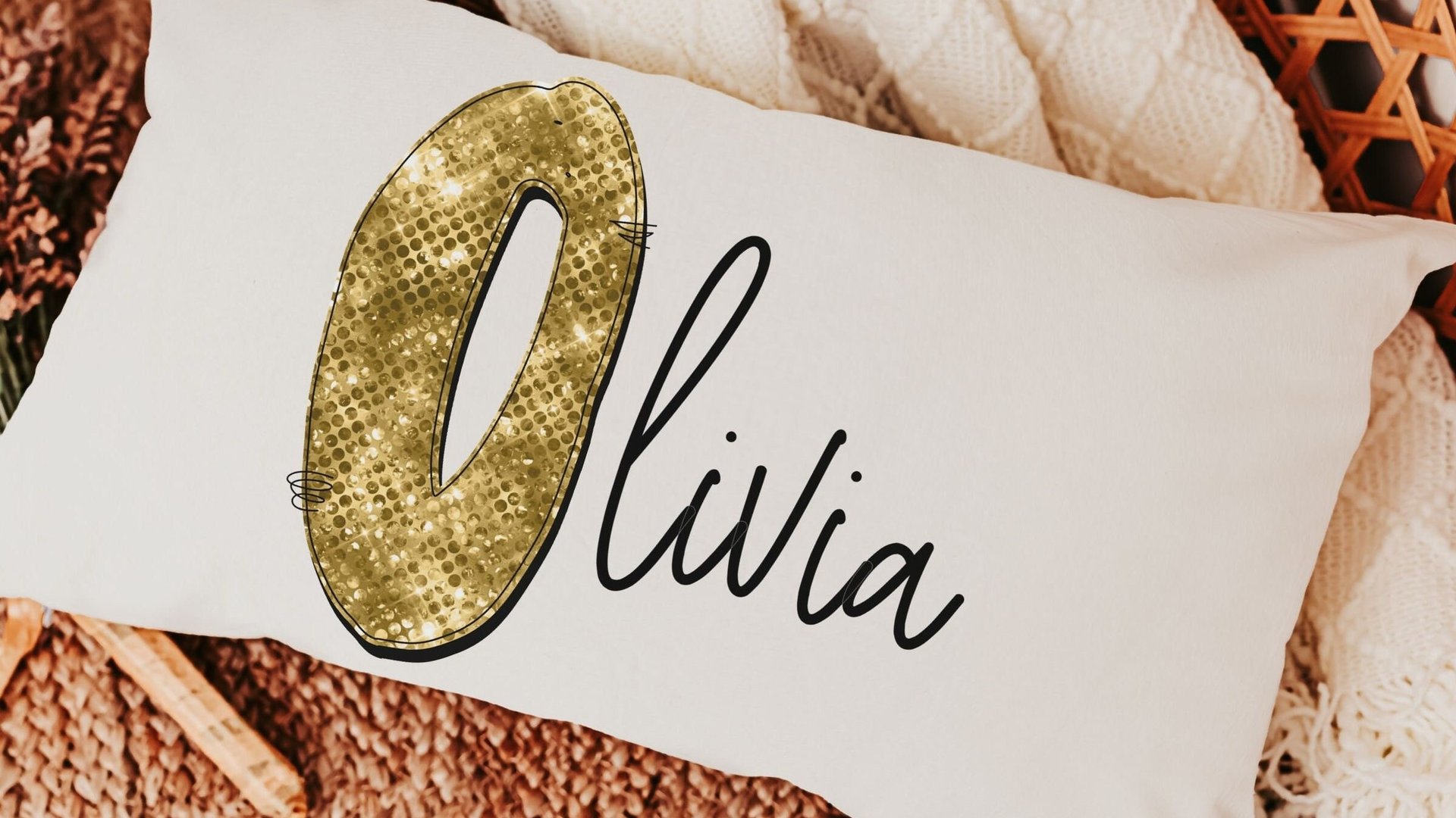 personalized gold sparkle name pillow for dorm, teen girl gifts, lumbar bed pillow for reading, cute pillows for girls, unique gifts for