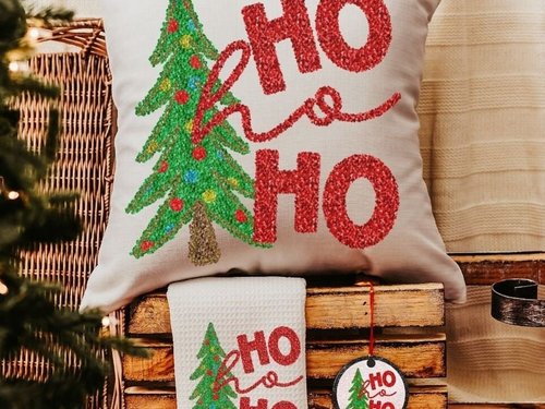 ho ho ho Christmas tree throw pillow for sofa, Christmas housewarming gift set for women, faux sequin Christmas kitchen towels, secret Santa