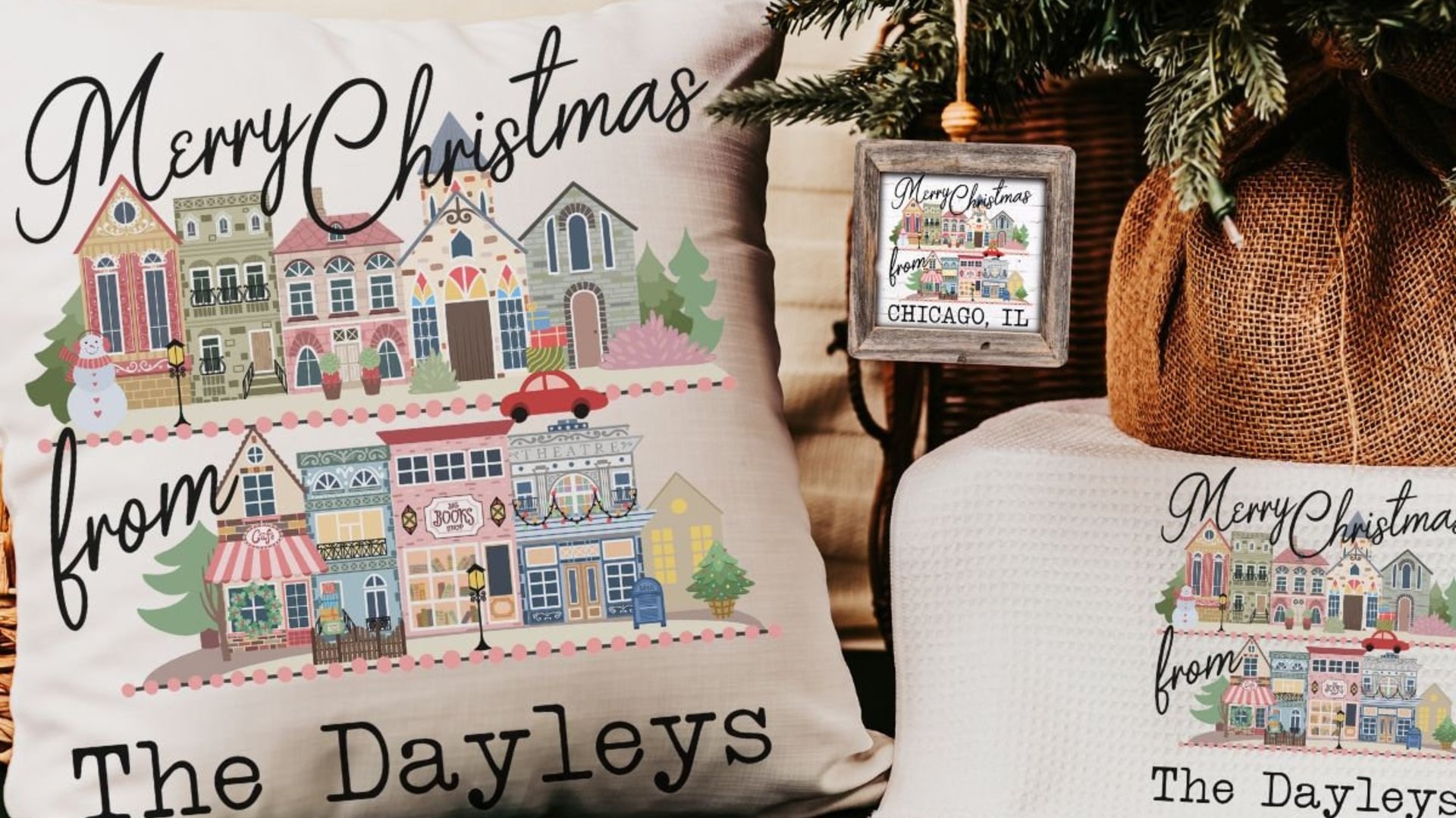 custom city state Christmas housewarming gift set for couple, personalized Christmas village ornament wood, small town Christmas throw