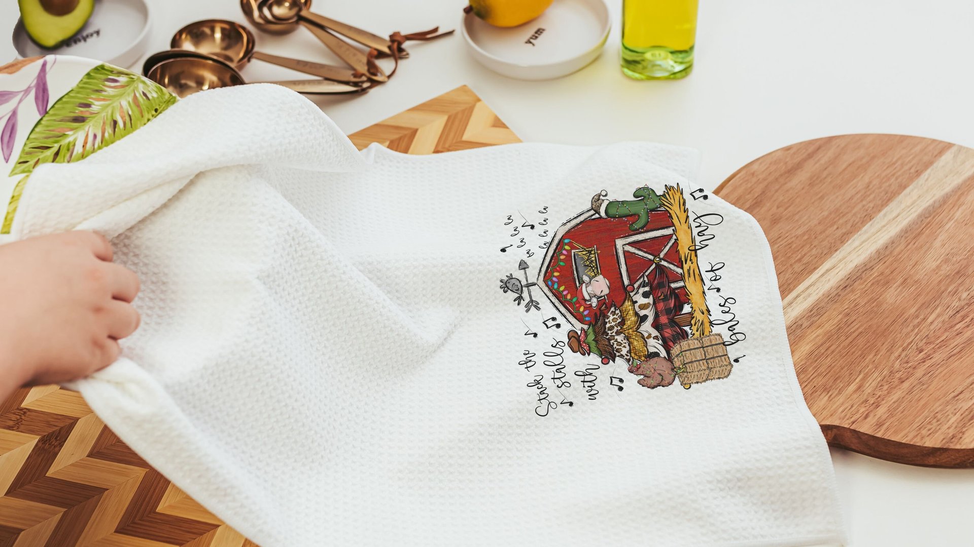 deck the halls farm Christmas kitchen towels for winter, cute Christmas hostess gifts for women, funny stocking stuffers for adult, red barn