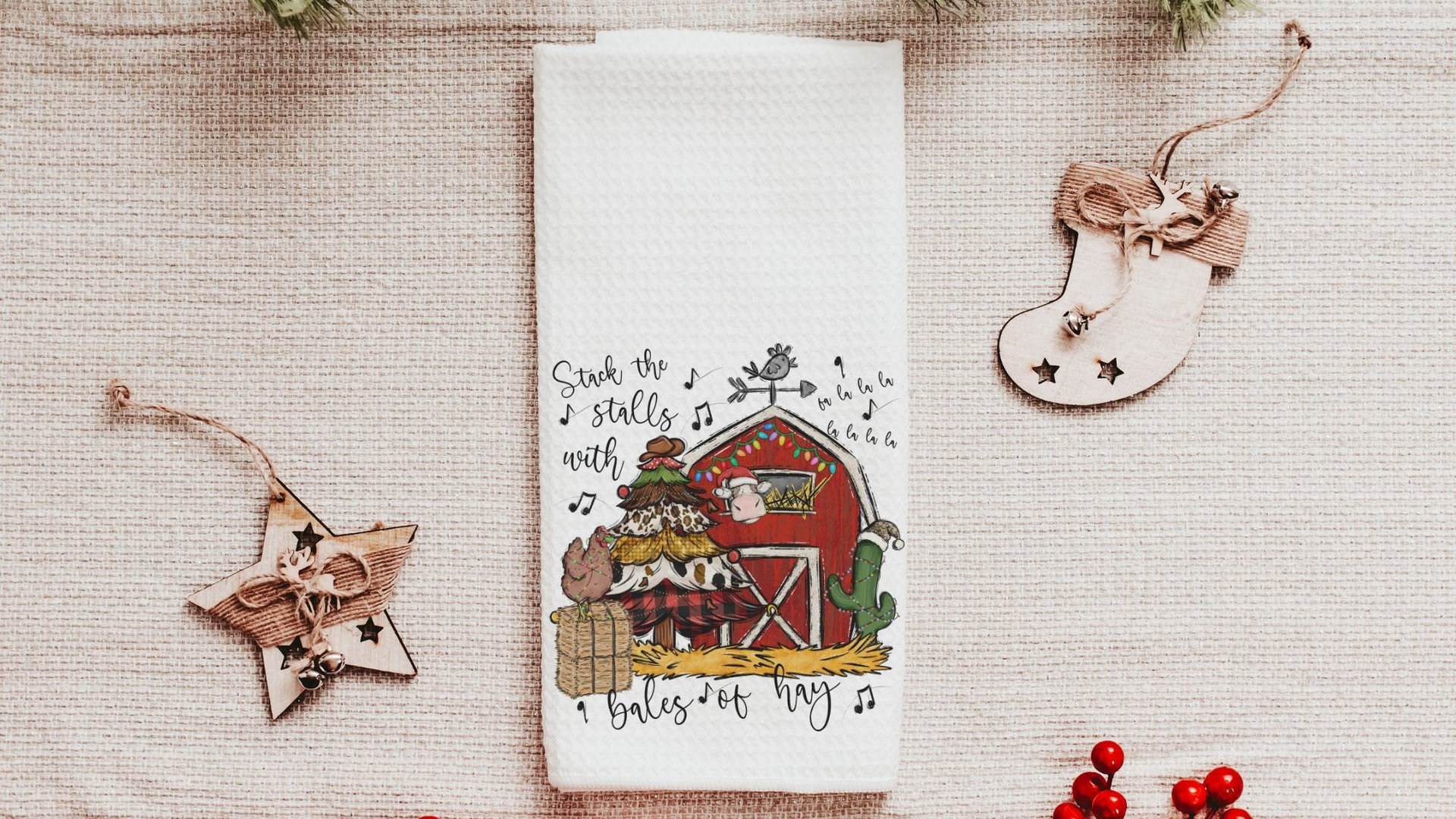 deck the halls farm Christmas kitchen towels for winter, cute Christmas hostess gifts for women, funny stocking stuffers for adult, red barn