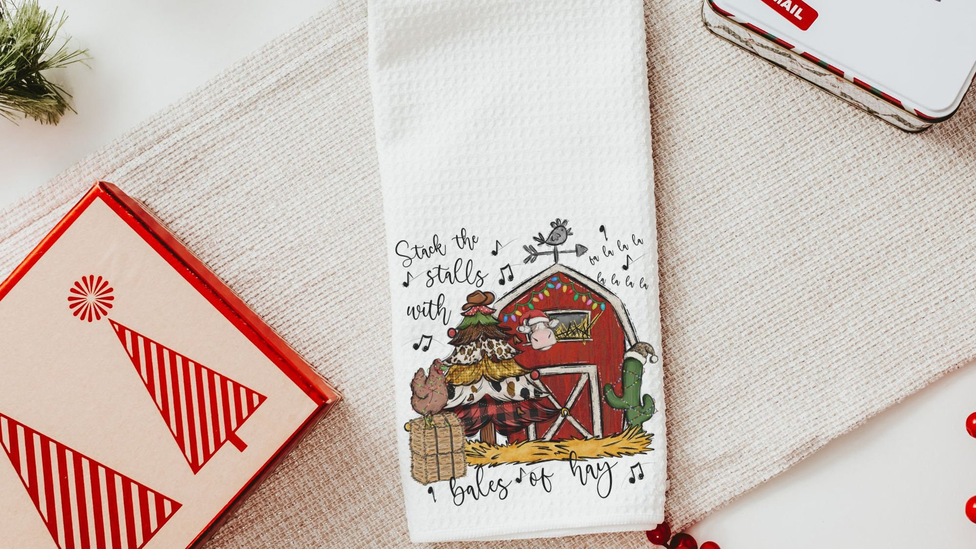 deck the halls farm Christmas kitchen towels for winter, cute Christmas hostess gifts for women, funny stocking stuffers for adult, red barn