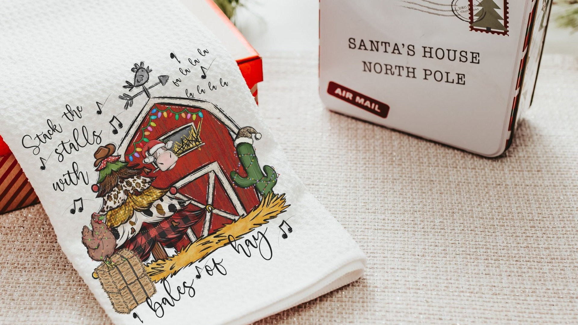 deck the halls farm Christmas kitchen towels for winter, cute Christmas hostess gifts for women, funny stocking stuffers for adult, red barn