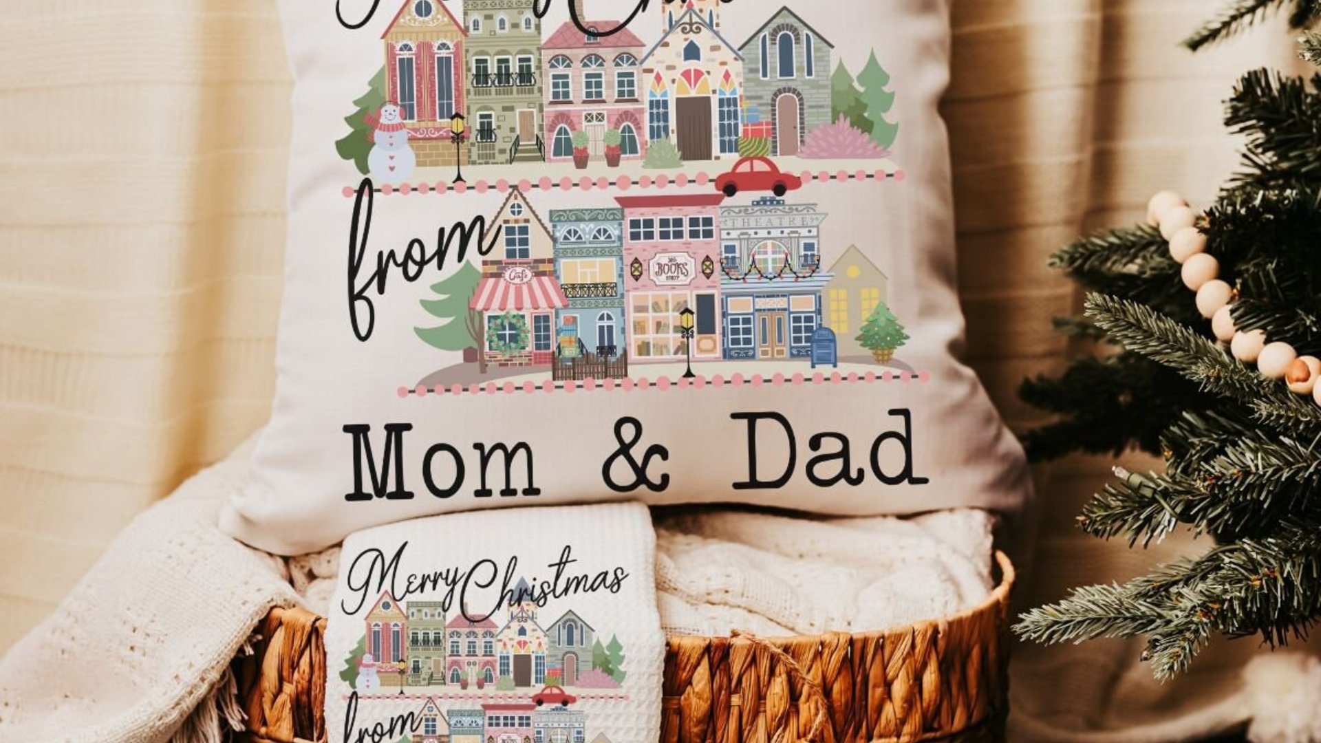 personalized Merry Christmas kitchen towels, custom small town Christmas kitchen hand towels, unique Christmas wedding gift for couple, best