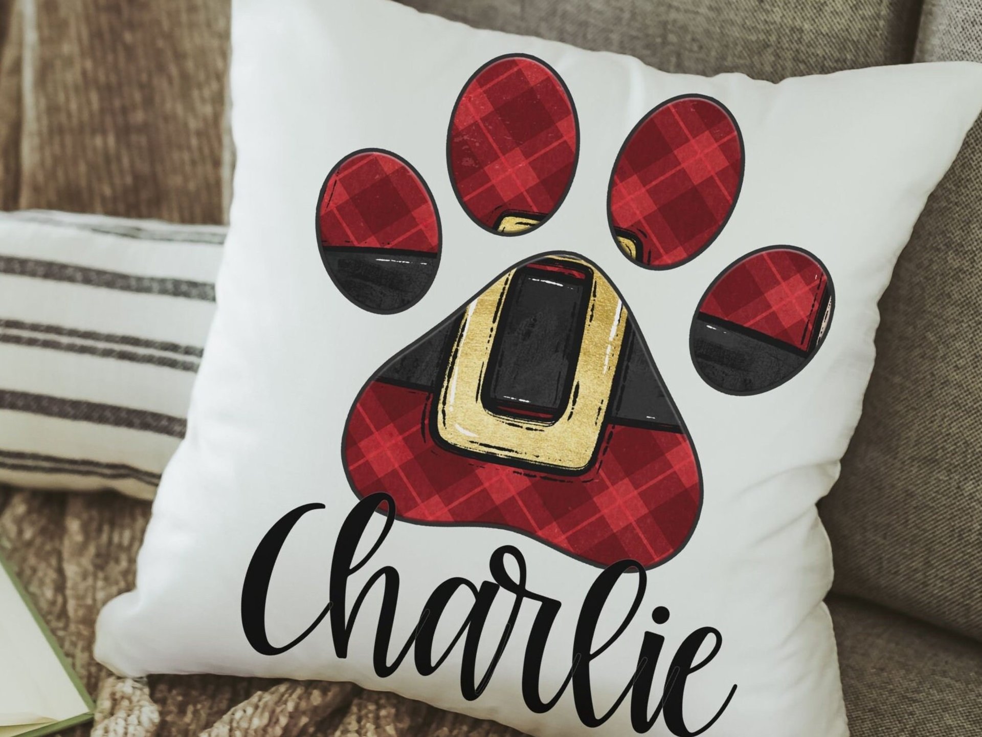 personalized Santa Paws Christmas throw pillows plaid Christmas decor for home, stocking stuffers for dog mom Christmas gifts for dog lovers