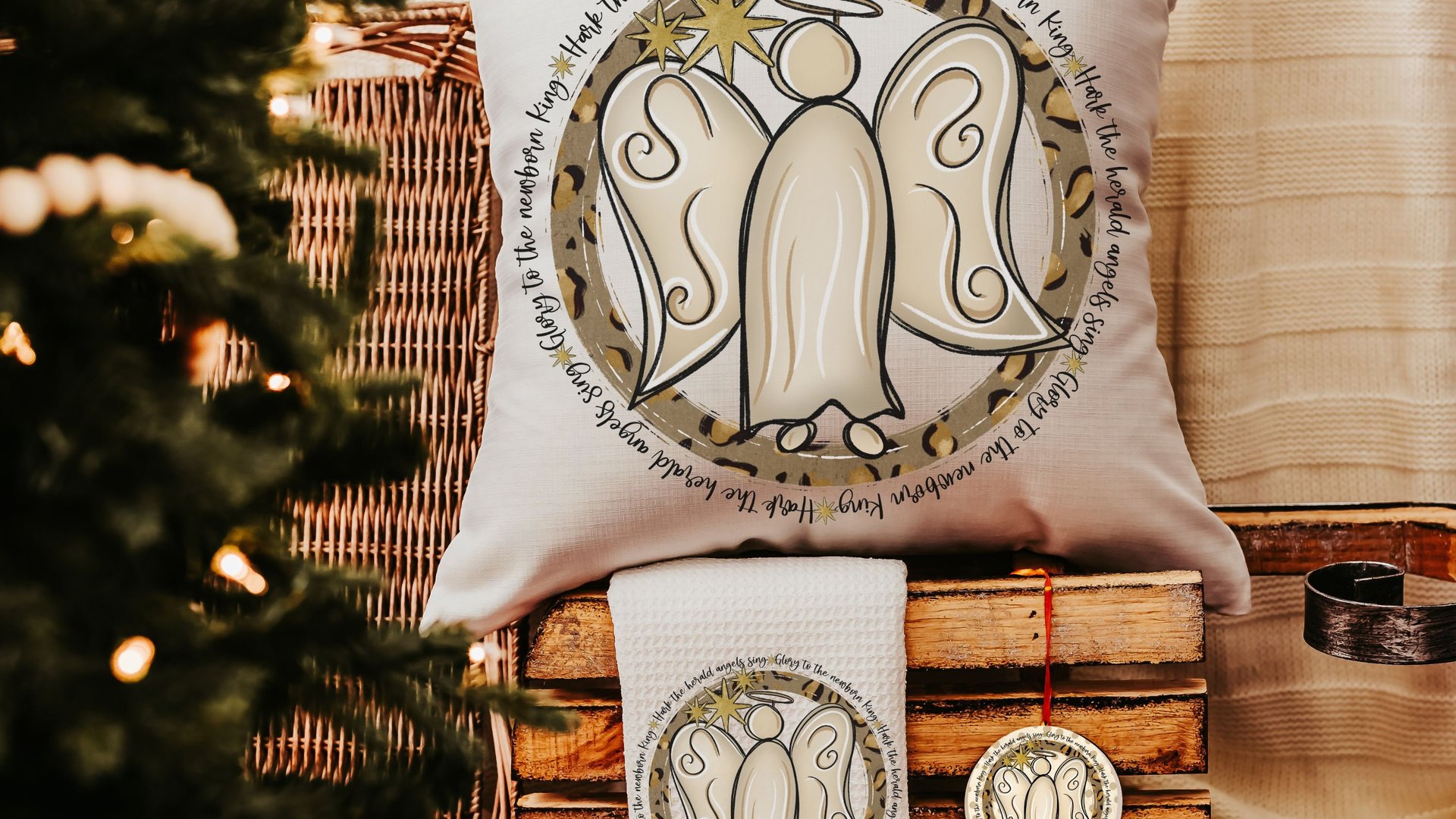 hark the herald angels sing religious Christmas throw pillow for sofa, Christian Christmas gifts for friends, angel Christmas kitchen towels