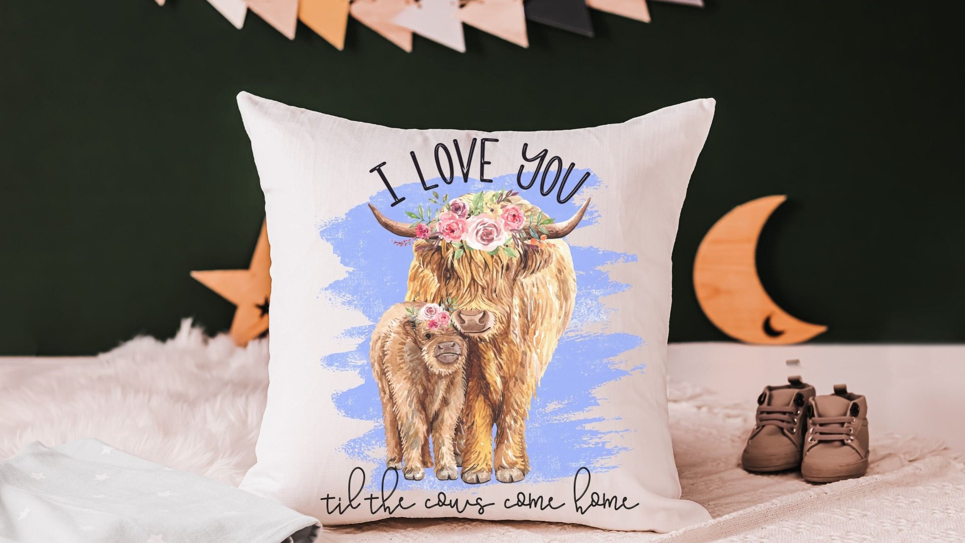 i love you till the cows come home highland cow throw pillow for nursery, cow nursery decor, shaggy cow gifts for cow lovers, rocking chair