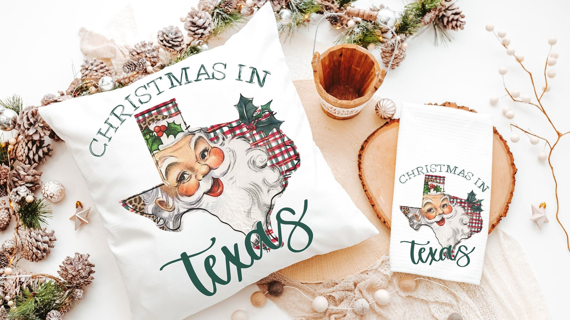 Santa throw pillows for couch, Texas kitchen towels for winter, holiday hosting decor home decor gift, Texas Christmas gifts for neighbors