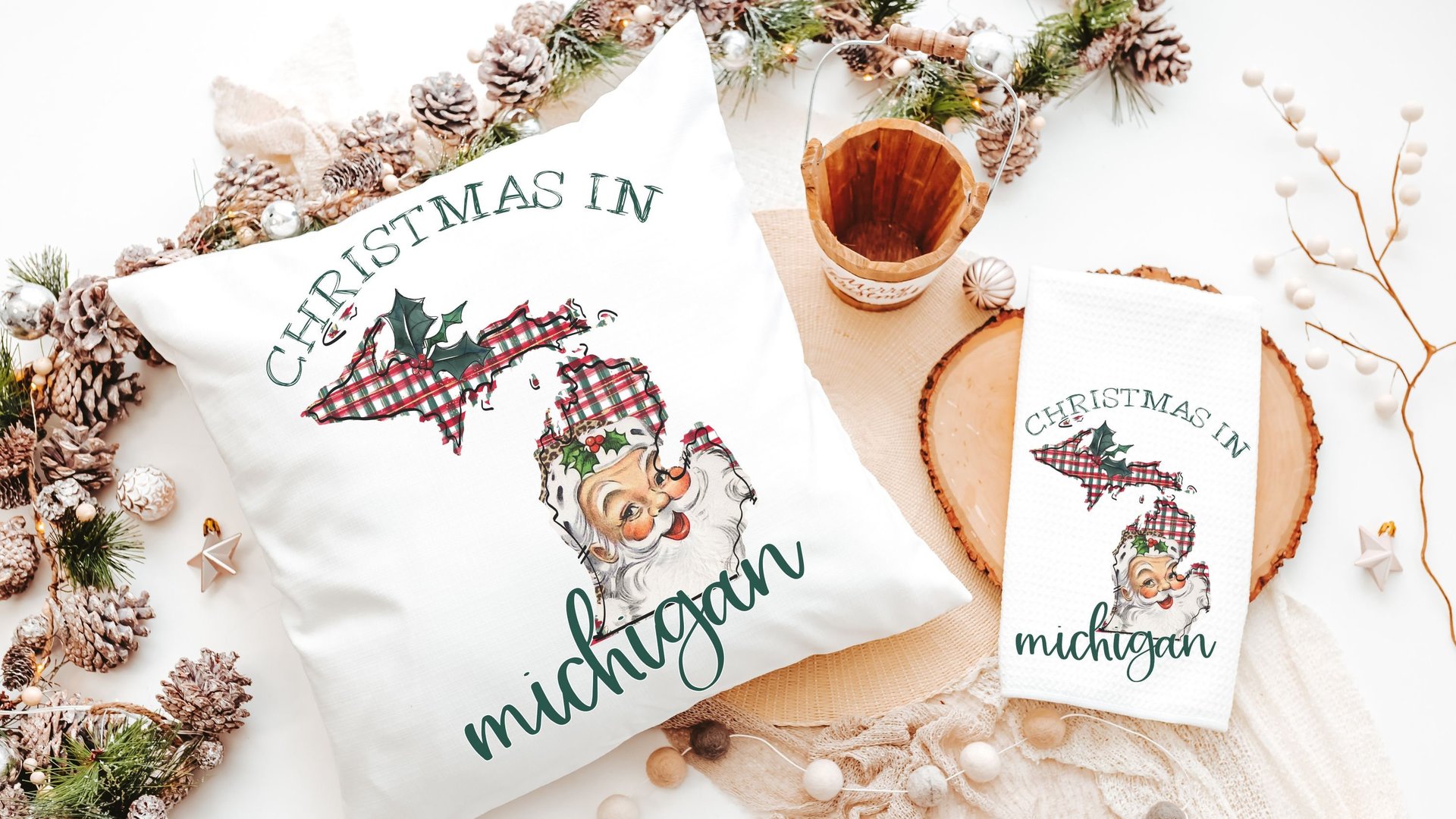 Santa throw pillows for couch, Texas kitchen towels for winter, holiday hosting decor home decor gift, Texas Christmas gifts for neighbors