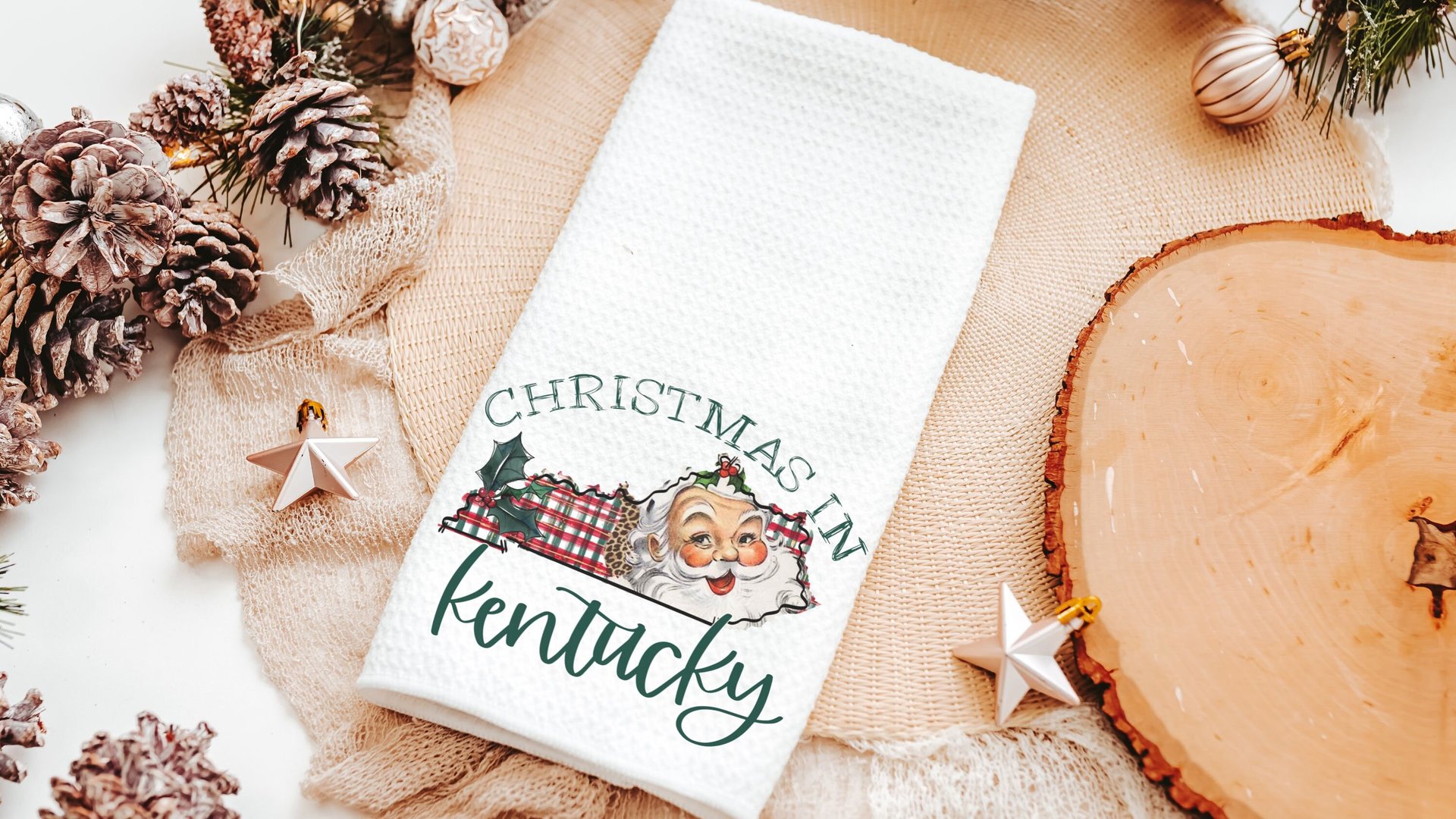 Christmas in Kentucky Christmas throw pillows for sofa, Santa Claus kitchen towels for neighbors, cute Christmas housewarming gifts for
