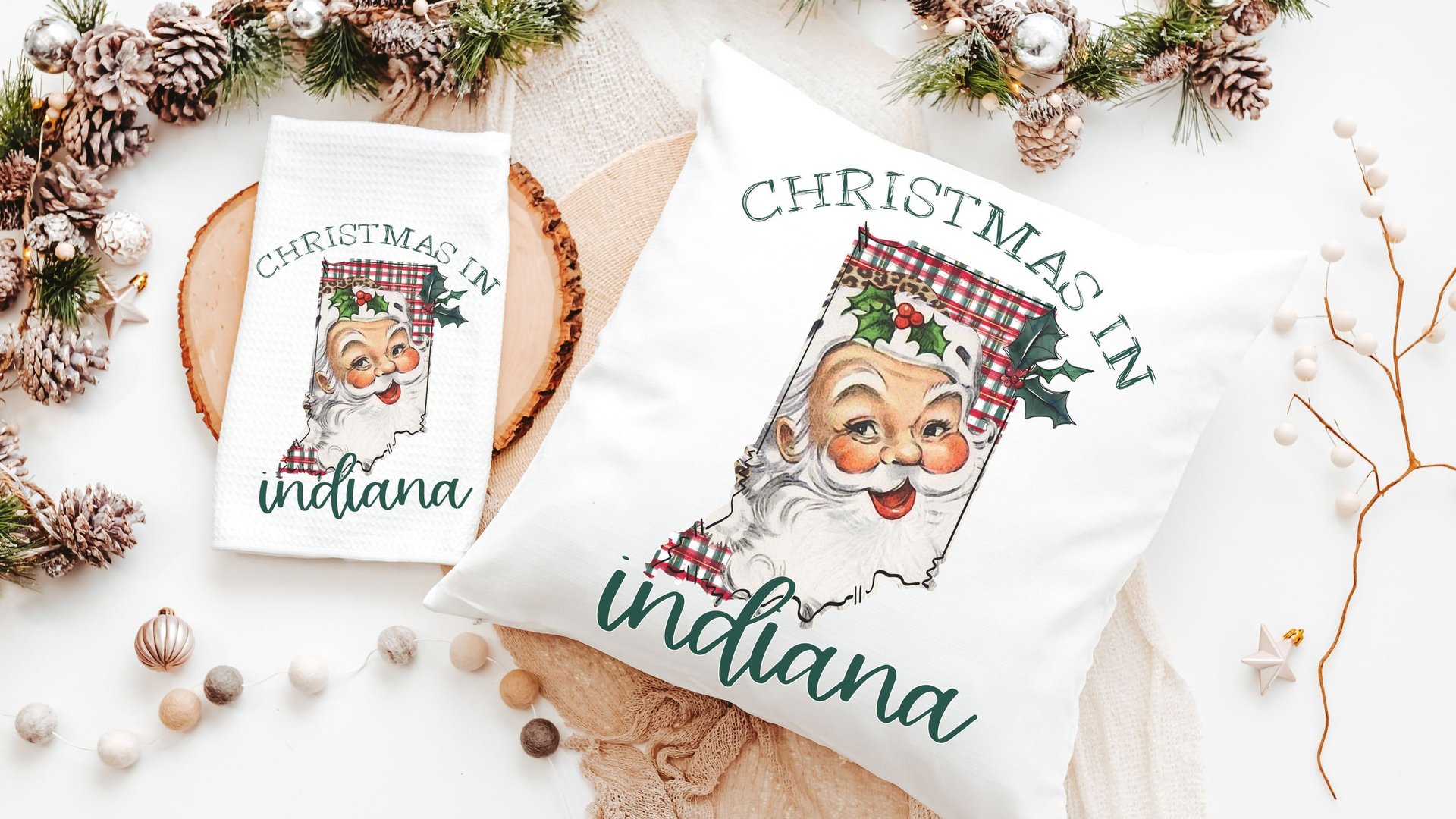 custom state Christmas kitchen towels for friends, Santa Claus Christmas throw pillows for sofa, Michigan Christmas gifts for neighbors