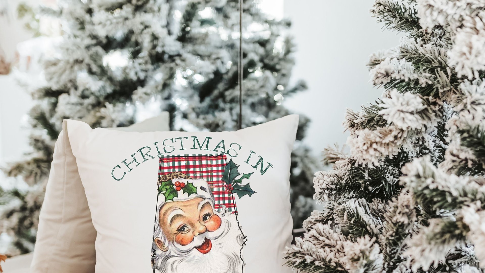 custom state Christmas throw pillows for sofa, Alabama Christmas decor for living room, cute Christmas gifts for neighbors, Santa Claus