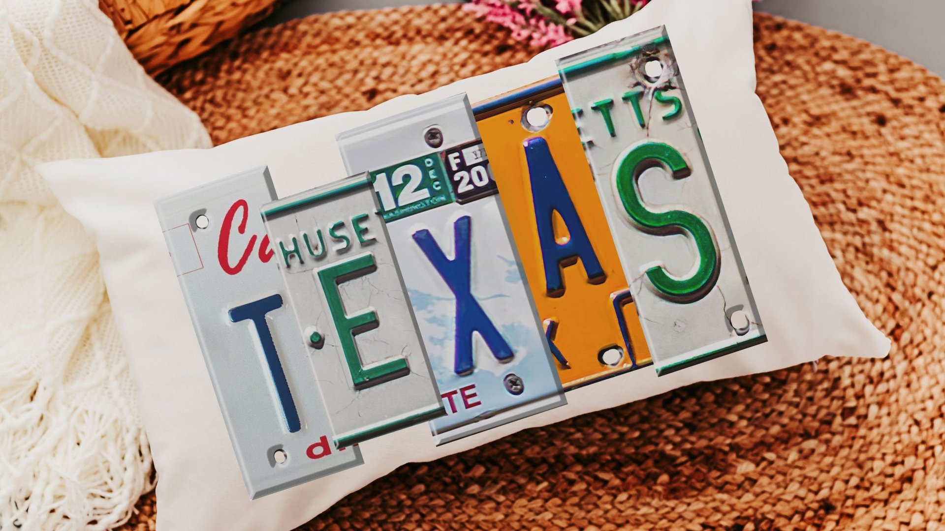 custom license plate state throw pillows for couch, realtor closing gift for buyers, Texas gifts, bungalow decor, moving away gift for