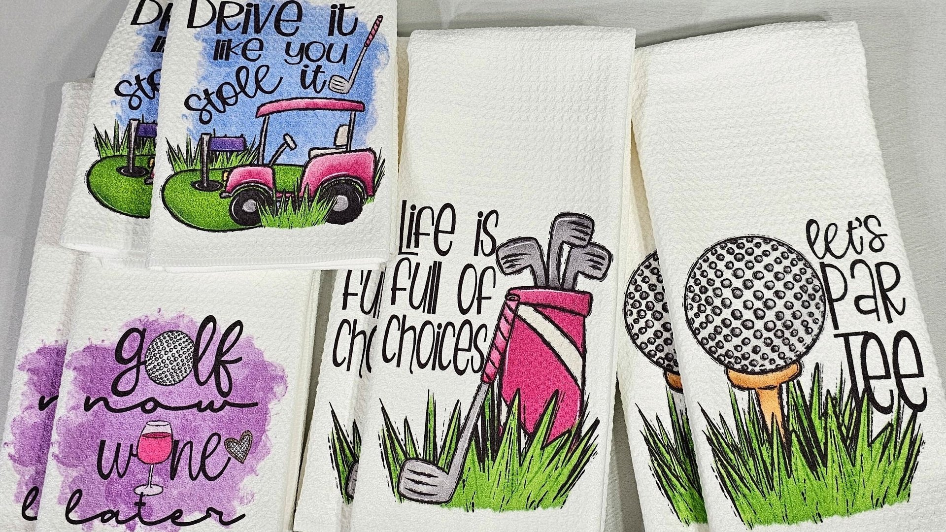 drive it like you stole it golf cart golf kitchen towel for Mom, funny retirement gifts for women, golf gifts for her, golf humor hand towel