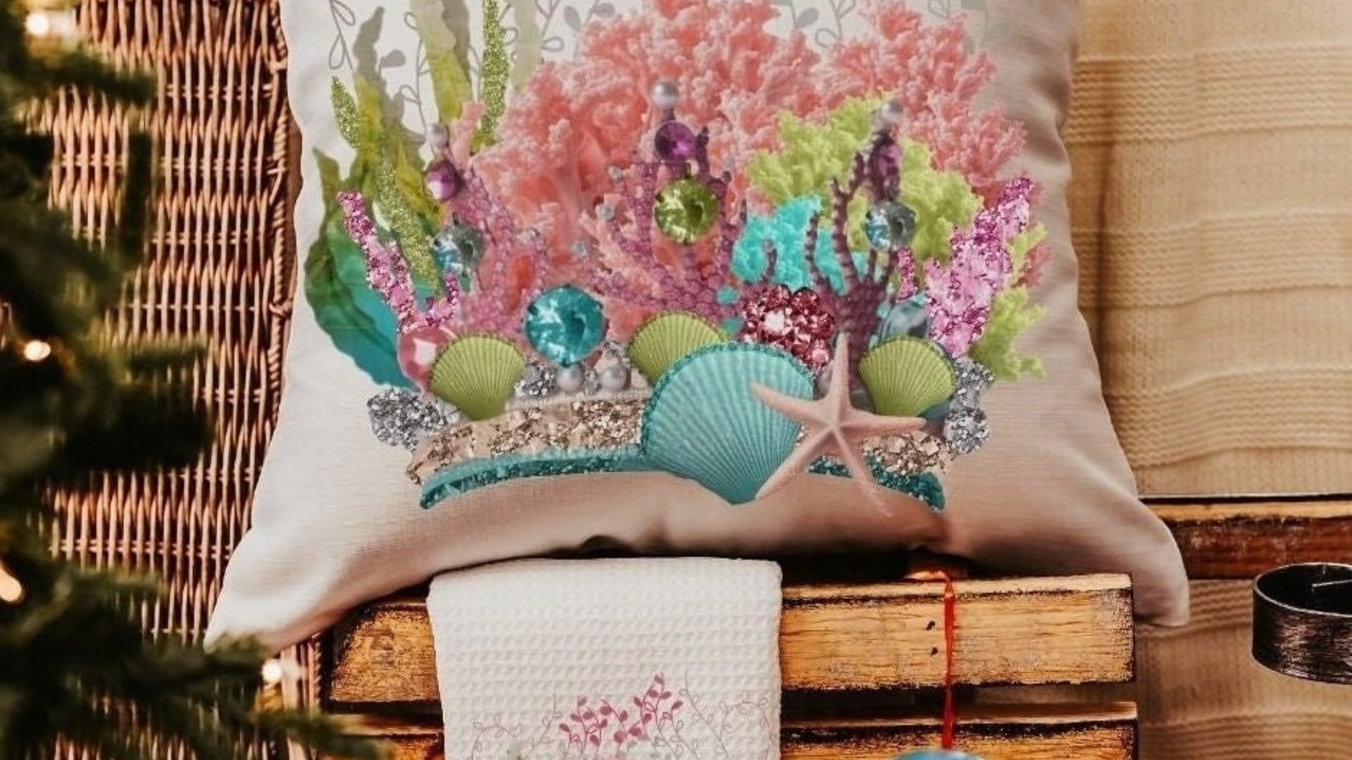 coastal housewarming gift set for friend, coral reef decor, beach Christmas ornaments for granddaughter, under the sea nursery throw pillows