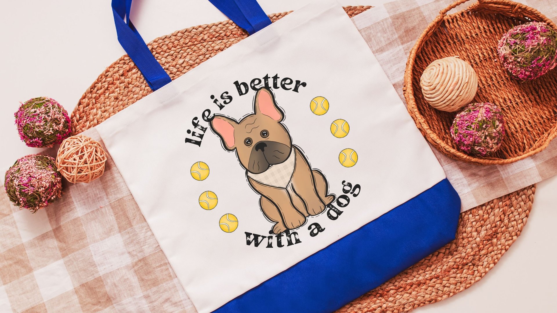 life is better with a dog French bulldog tote bag for books, Frenchie mom French bulldog gift for women, reusable grocery bag cute dog gifts