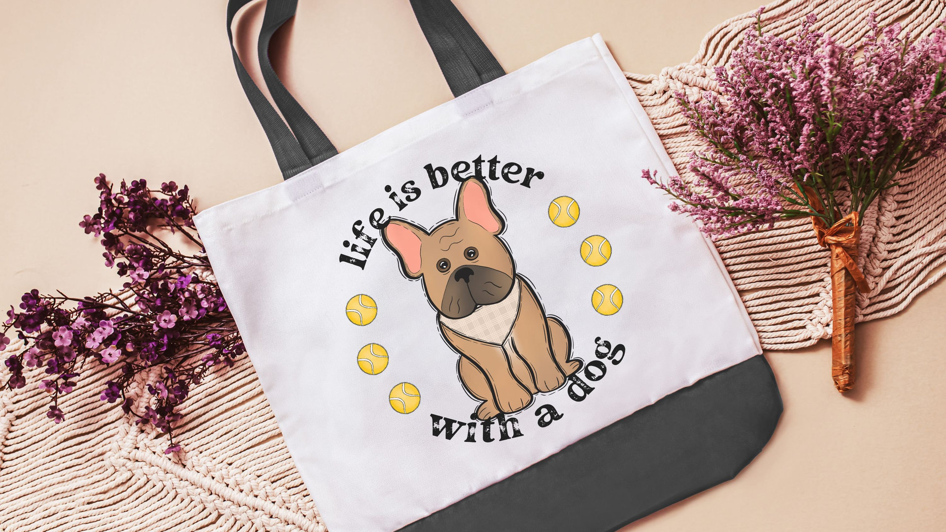 life is better with a dog French bulldog tote bag for books, Frenchie mom French bulldog gift for women, reusable grocery bag cute dog gifts