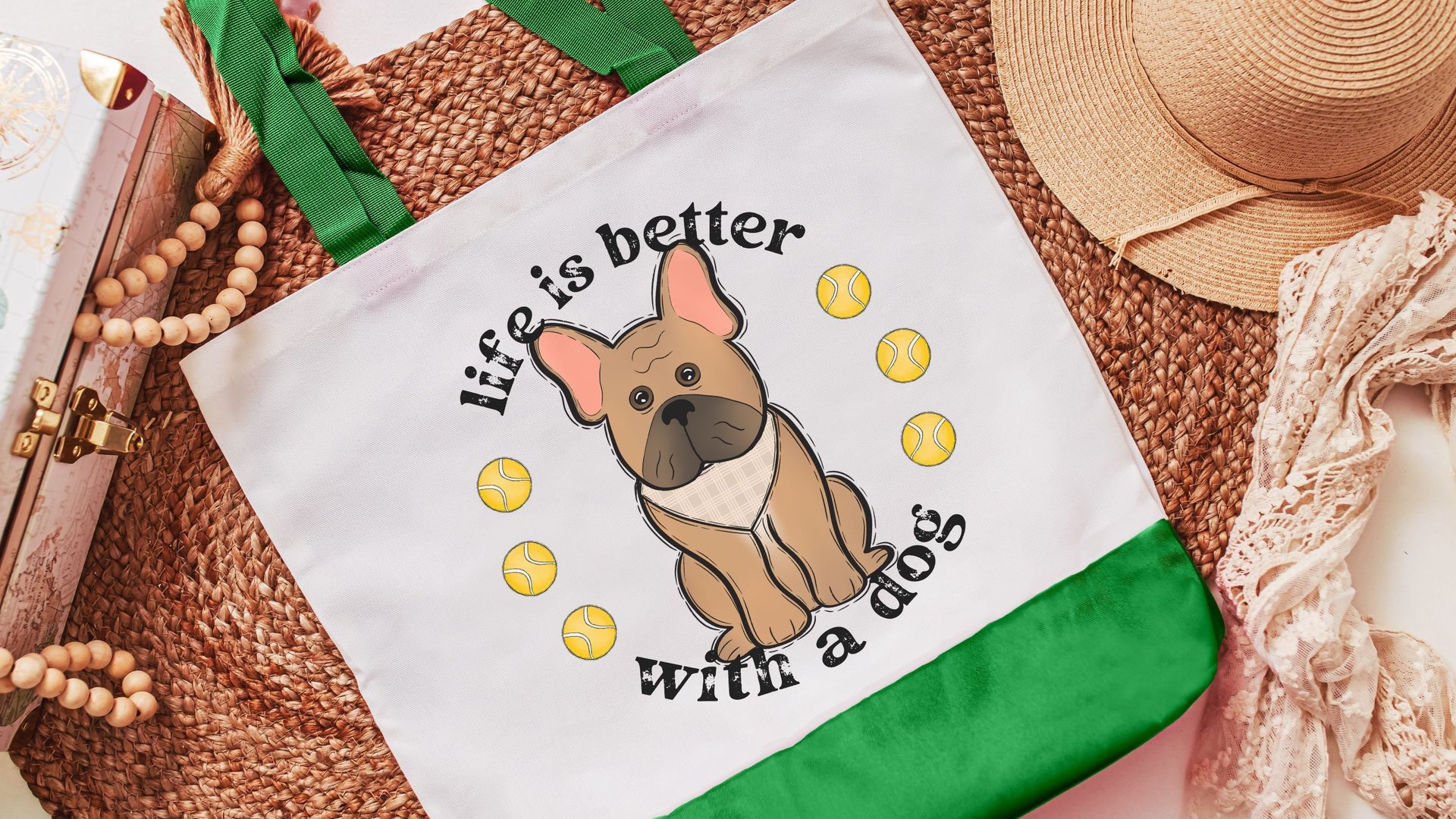 life is better with dogs French bulldog tote bag for women, Frenchie mom gift, French bulldog gifts for her, reusable shopping bag, cute dog