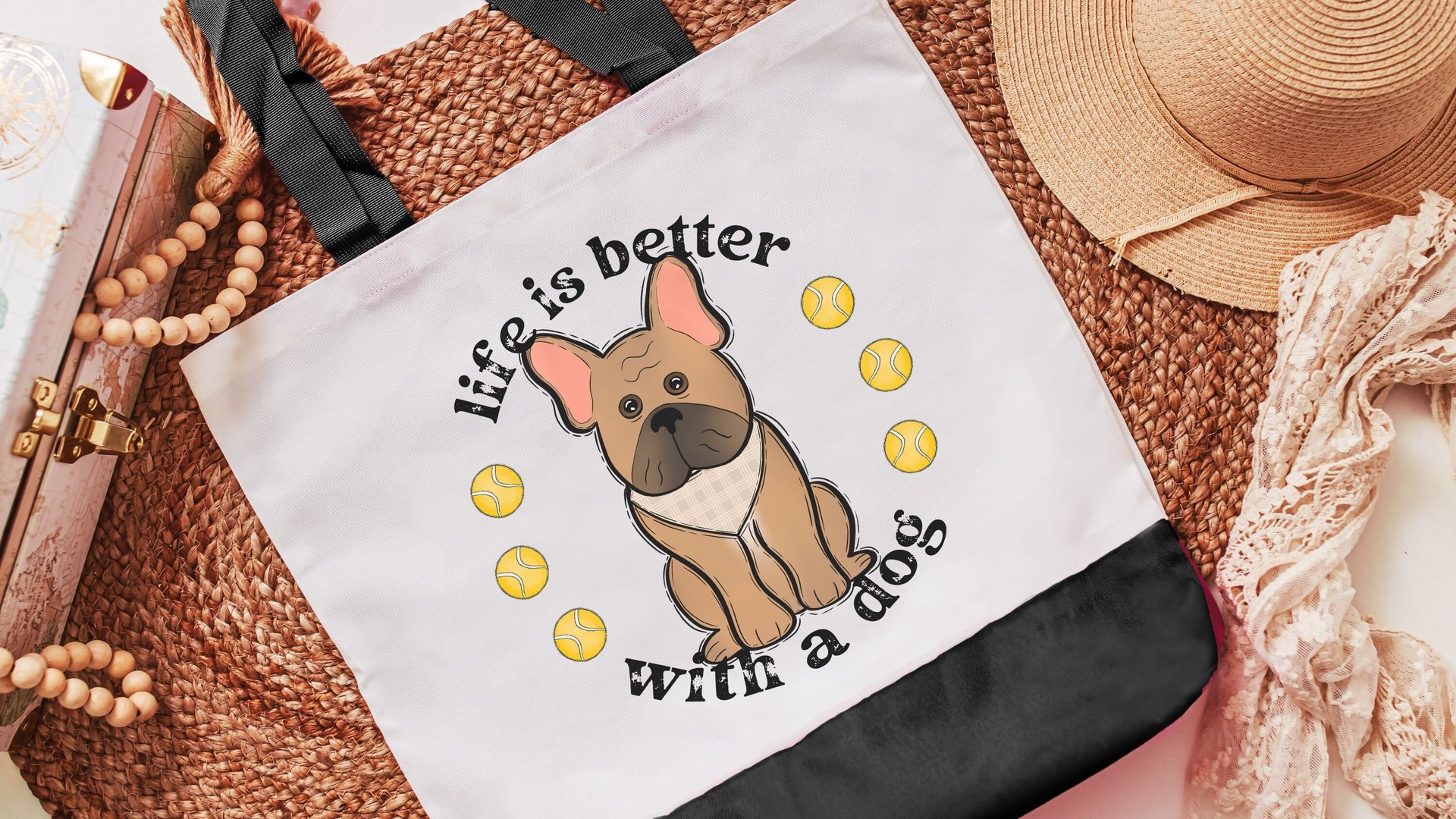 life is better with a dog French bulldog tote bag for books, Frenchie mom French bulldog gift for women, reusable grocery bag cute dog gifts
