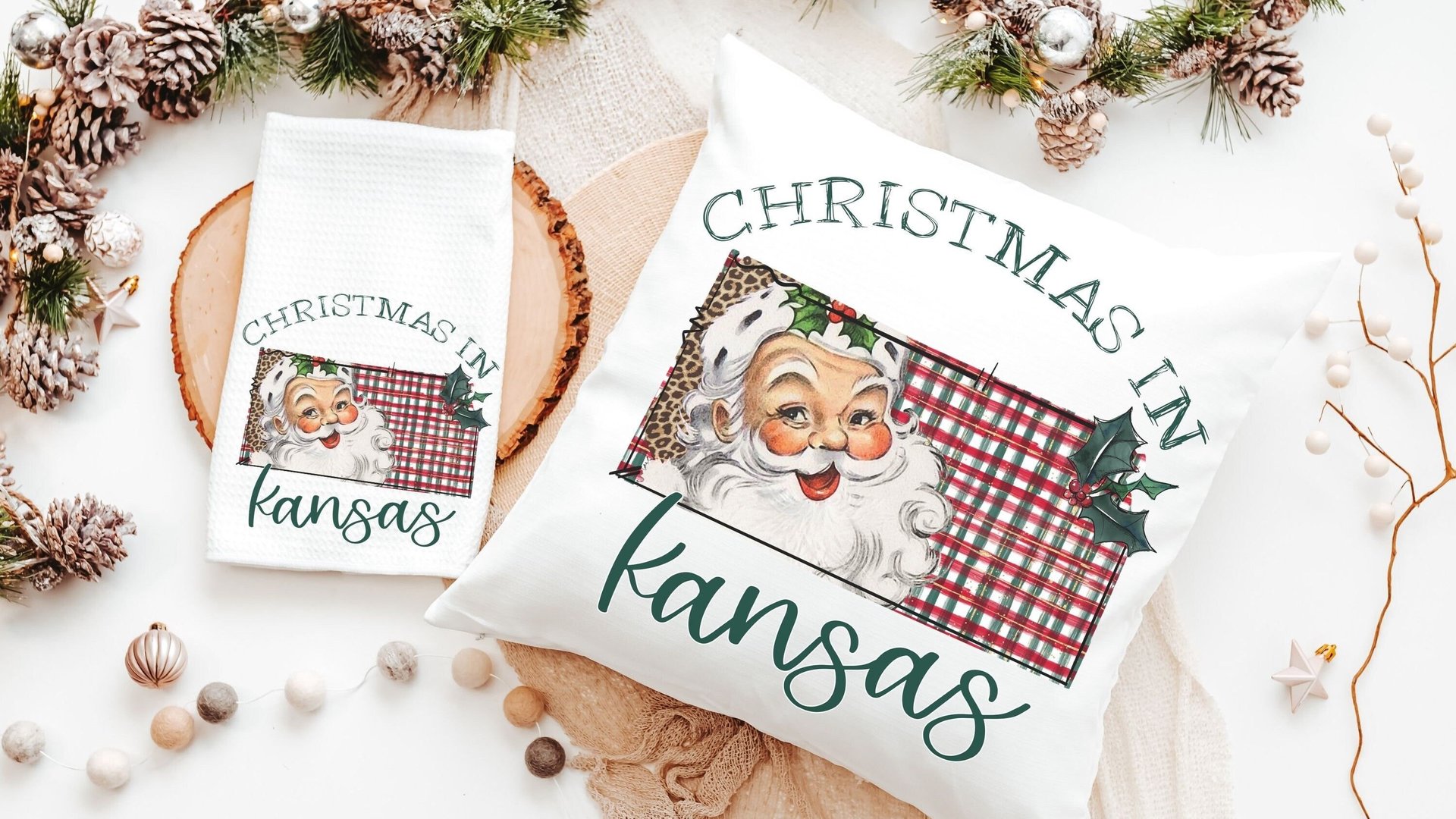 custom state Christmas throw pillows for sofa, Santa Claus Christmas kitchen towels, Wichita Kansas home decor Christmas gifts for neighbors
