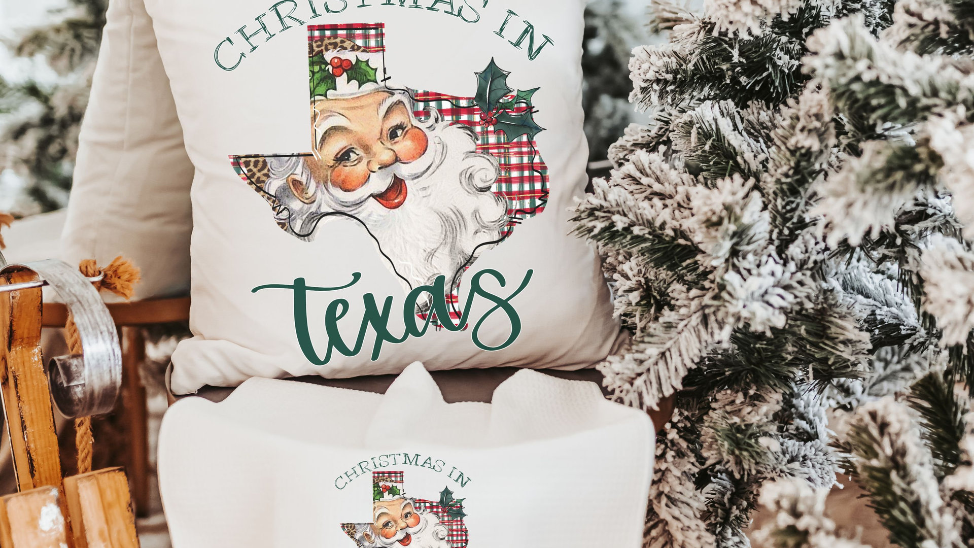 Santa throw pillows for couch, Texas kitchen towels for winter, holiday hosting decor home decor gift, Texas Christmas gifts for neighbors