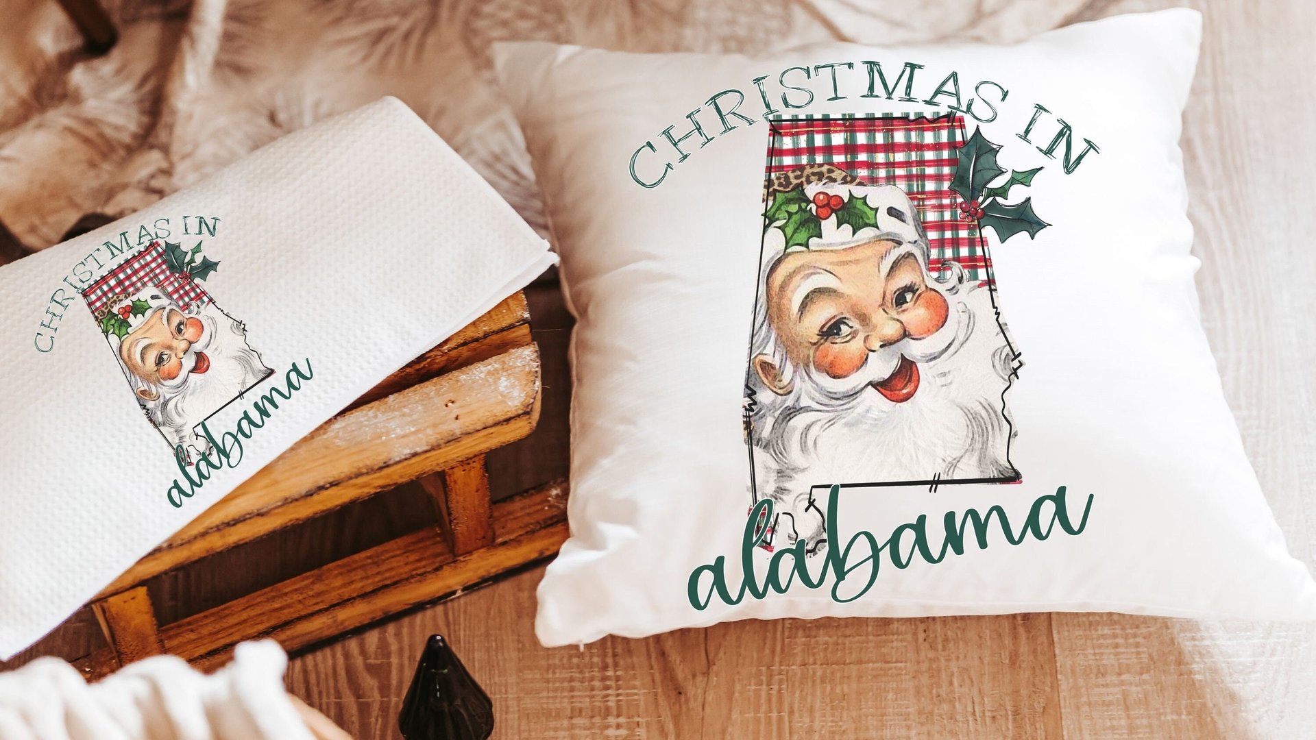 custom state Christmas throw pillows for sofa, Alabama Christmas decor for living room, cute Christmas gifts for neighbors, Santa Claus
