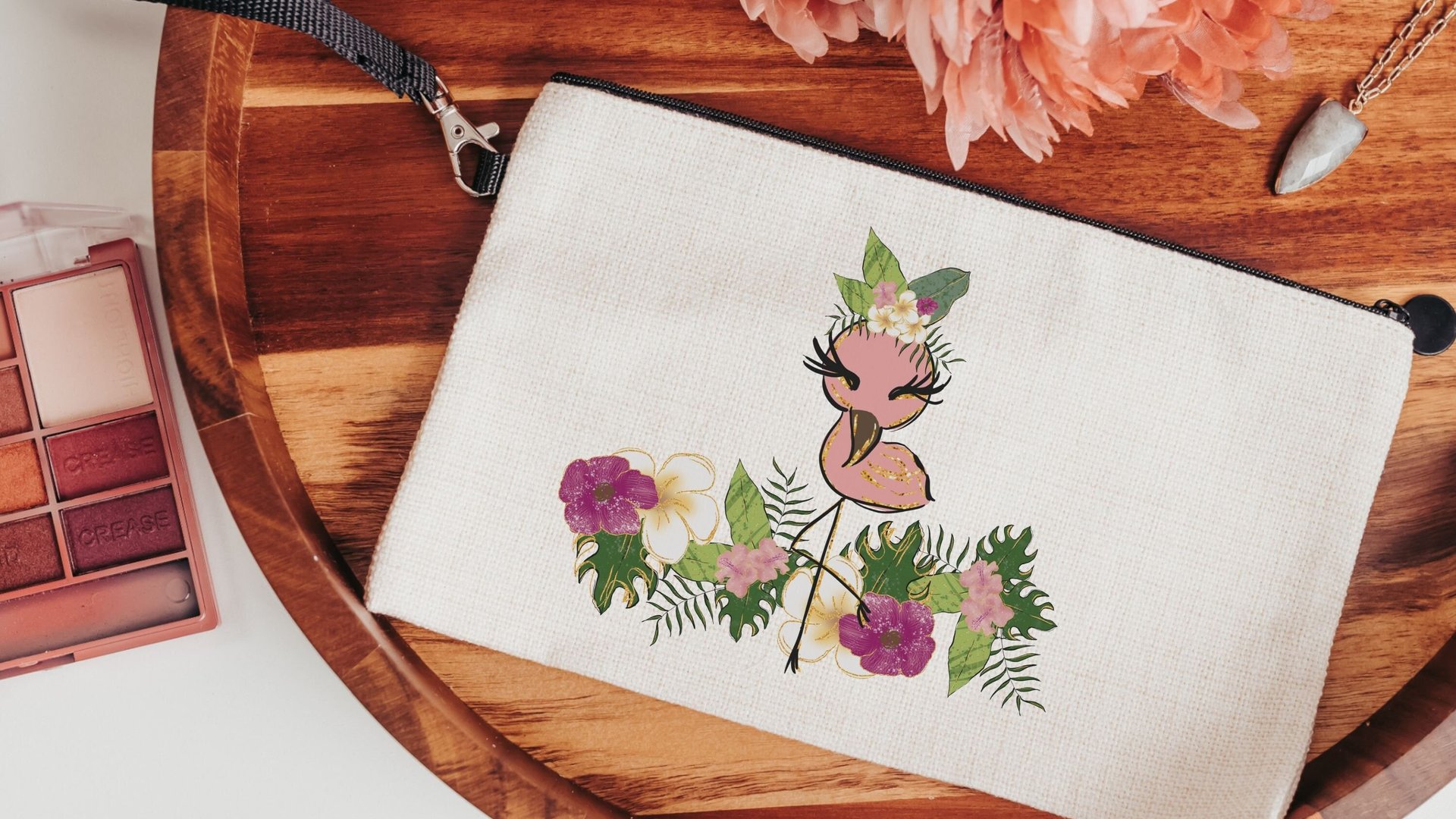 cute flamingo makeup bag for purse, flamingo gifts for women, monstera leaf cosmetic bag for girls, tropical bridesmaid gift, Easter basket