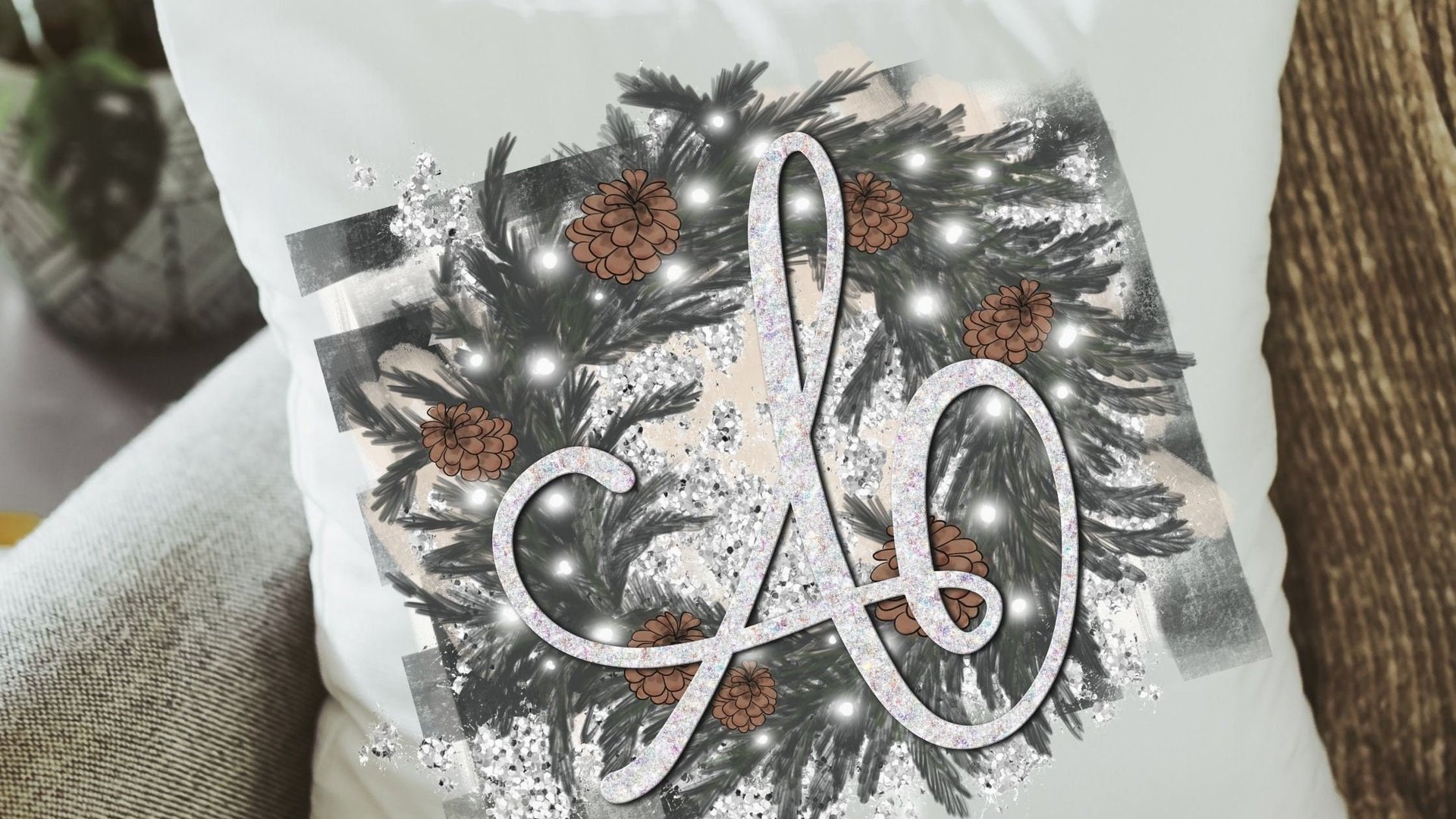 personalized gray buffalo plaid throw pillows for couch, winter wedding gifts for couple, custom initial throw pillow for sofa, Christmas