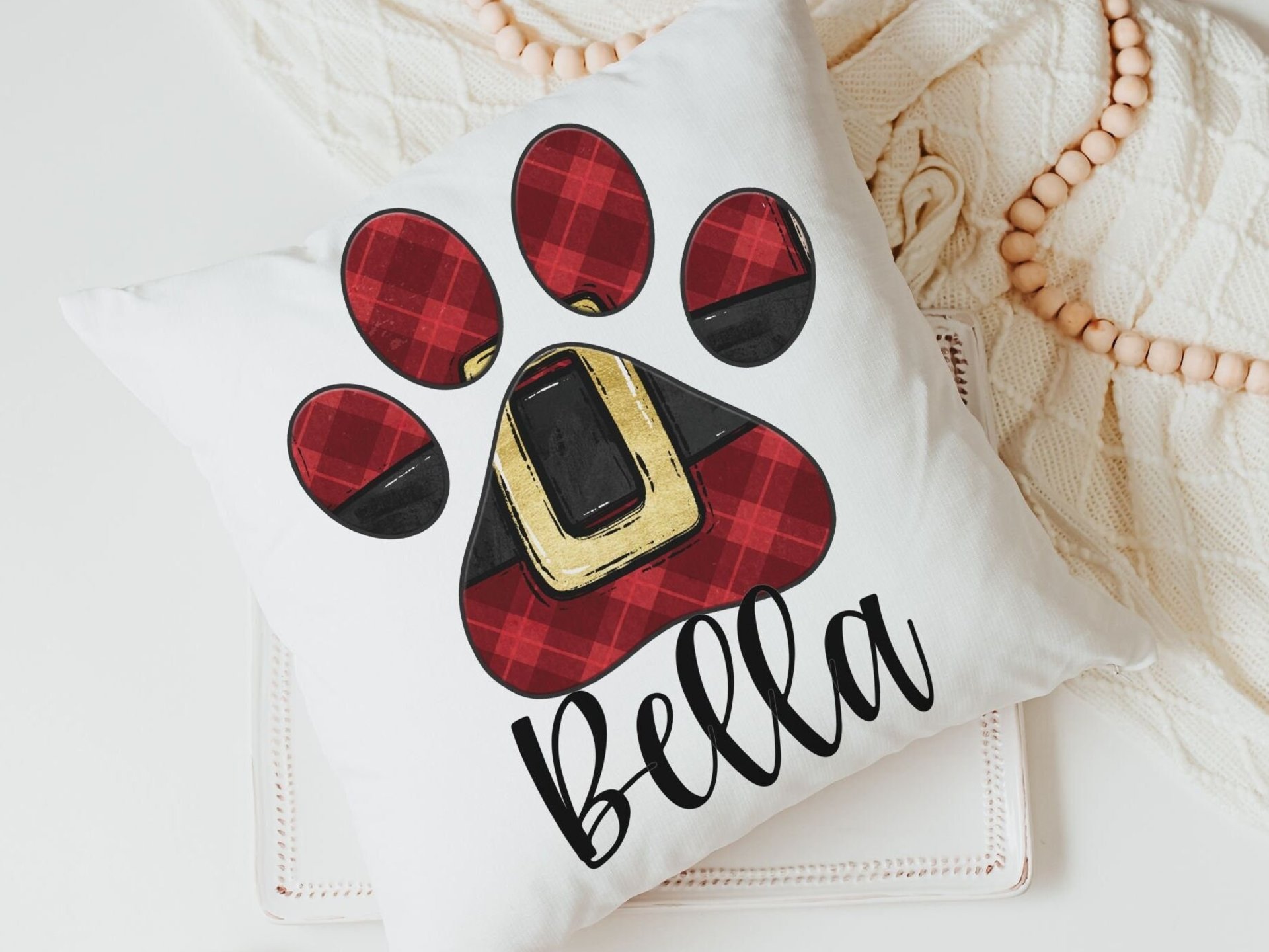 personalized Santa Paws Christmas throw pillows plaid Christmas decor for home, stocking stuffers for dog mom Christmas gifts for dog lovers