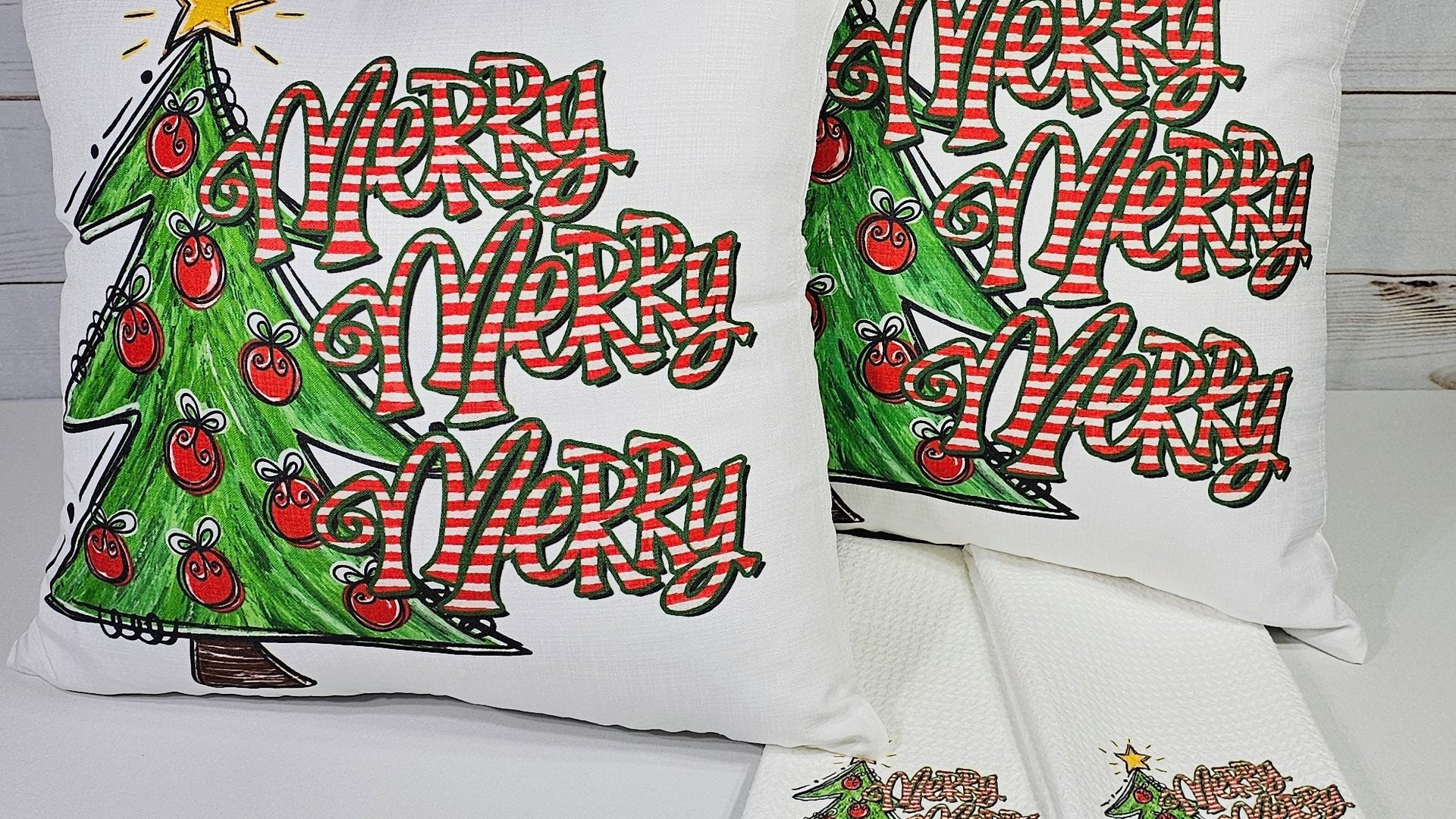 merry merry merry Christmas throw pillows for sofa, cute Christmas tree Christmas kitchen towels, fun Christmas hostess gifts for women