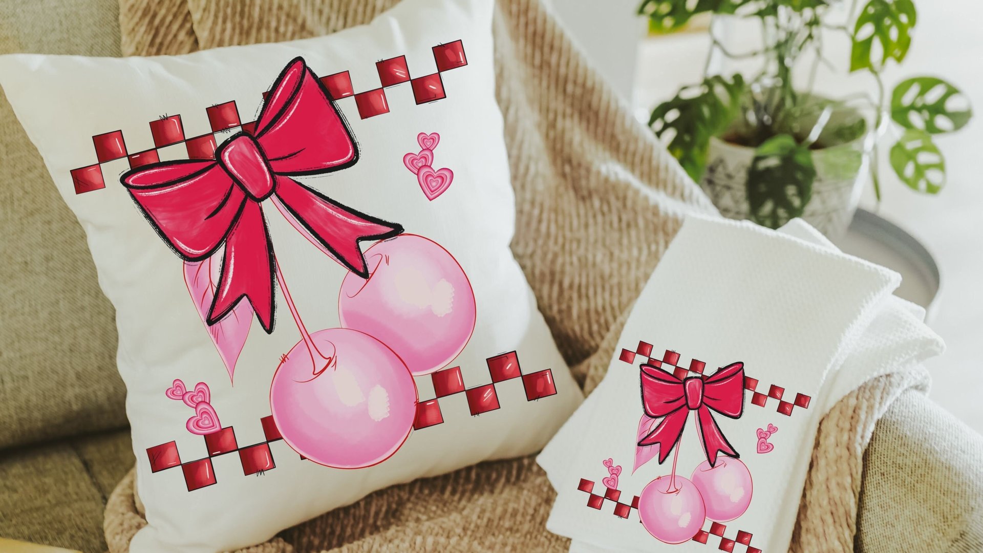 coquette kitchen towels, red bow cherry throw pillow for bed, Valentines day gift set for friends, cute gifts for girlfriend, college dorm