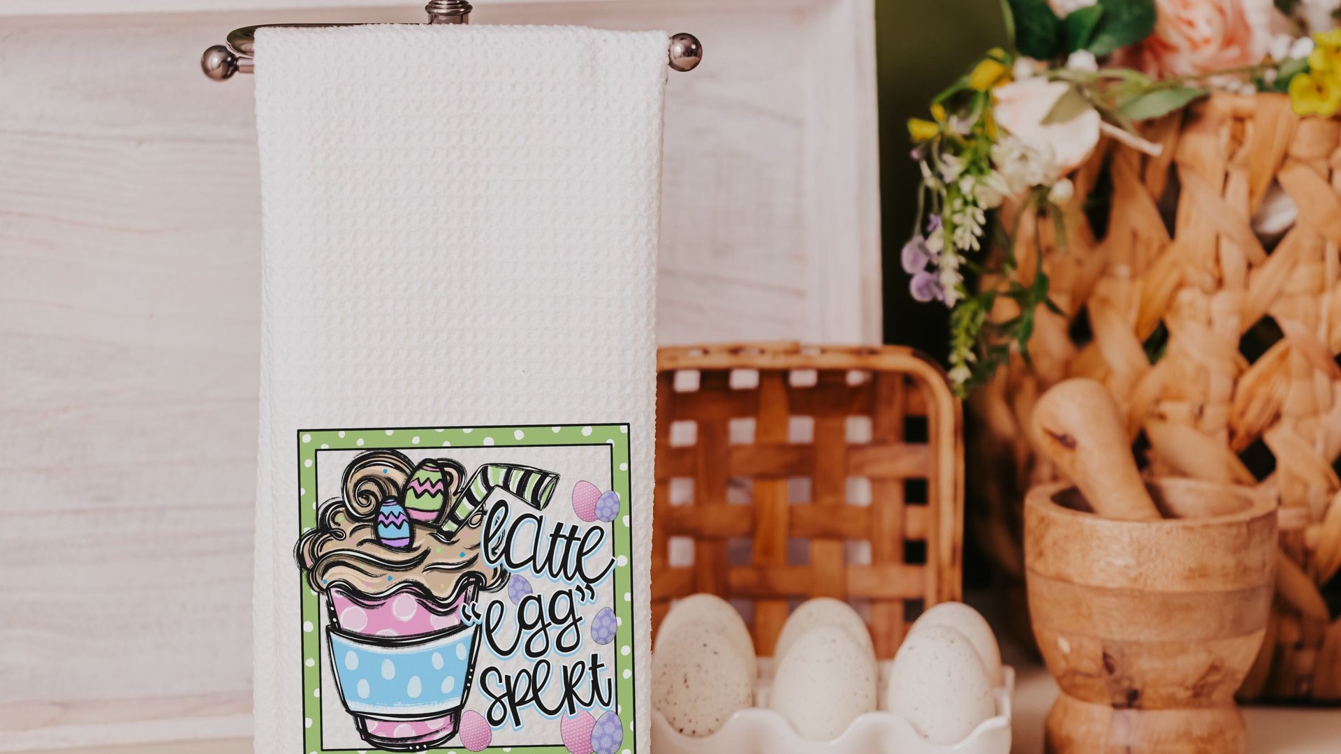 latte eggspert Easter kitchen towels for Mom, cute kitchen hand towels for bathroom, Easter gifts for adults, Easter hostess gifts for women