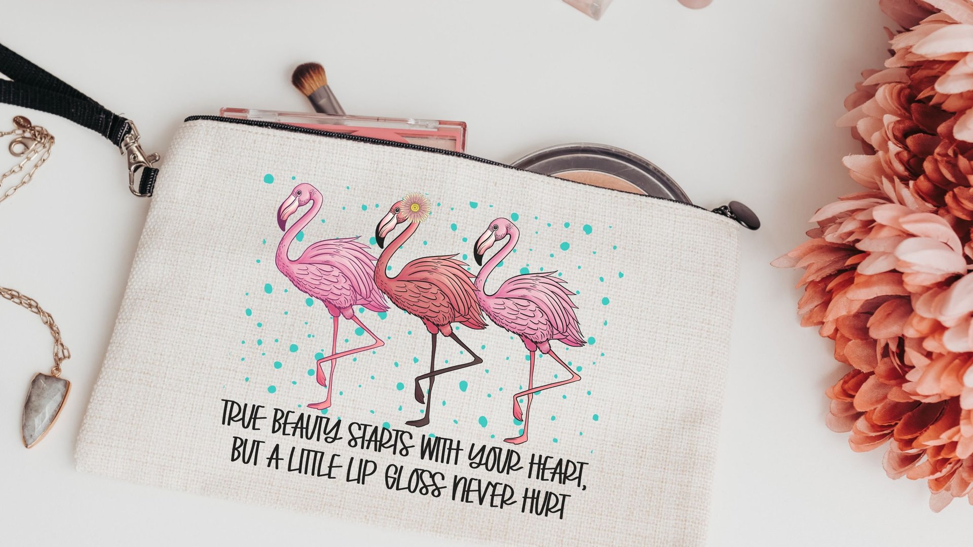 cute flamingo makeup bag for teens, funny flamingo gifts for women, best gifts for daughter, cosmetic bag for purse, pre teenage girl gifts