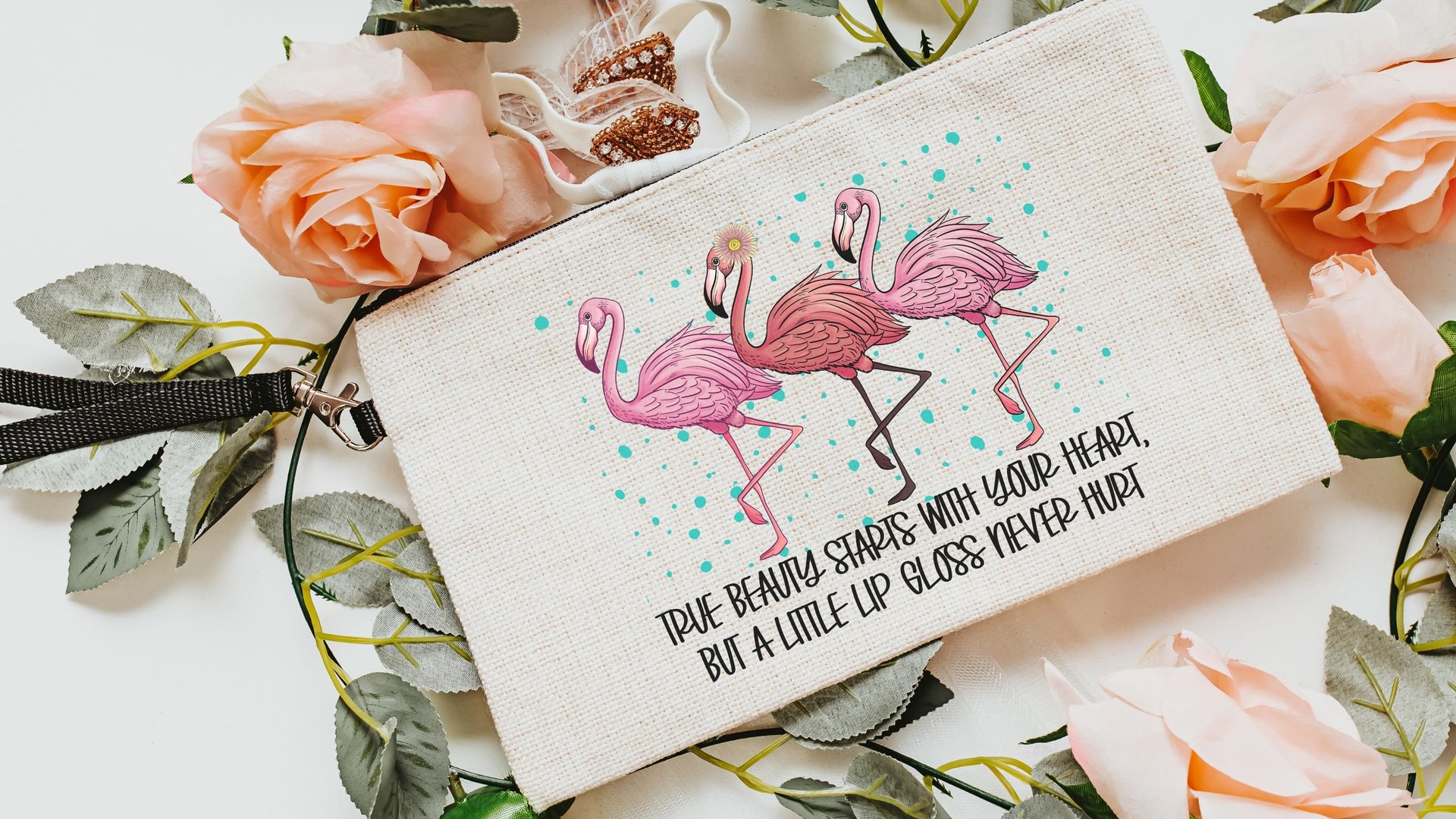 cute flamingo makeup bag for teens, funny flamingo gifts for women, best gifts for daughter, cosmetic bag for purse, pre teenage girl gifts