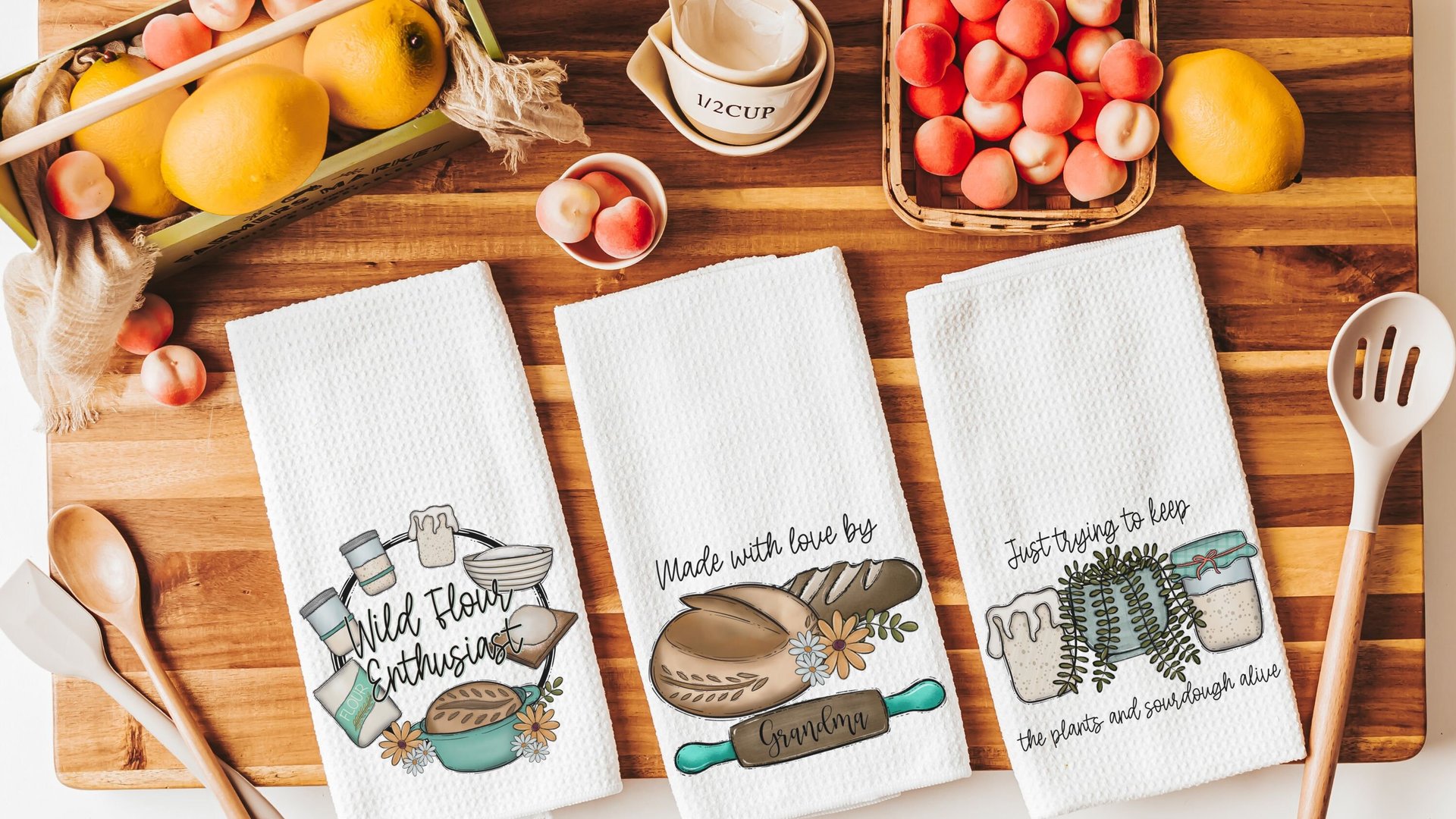 wild flour enthusiast baking kitchen towels for bridal shower, cottage bakery bread baker merch, sourdough mama sourdough kitchen decor