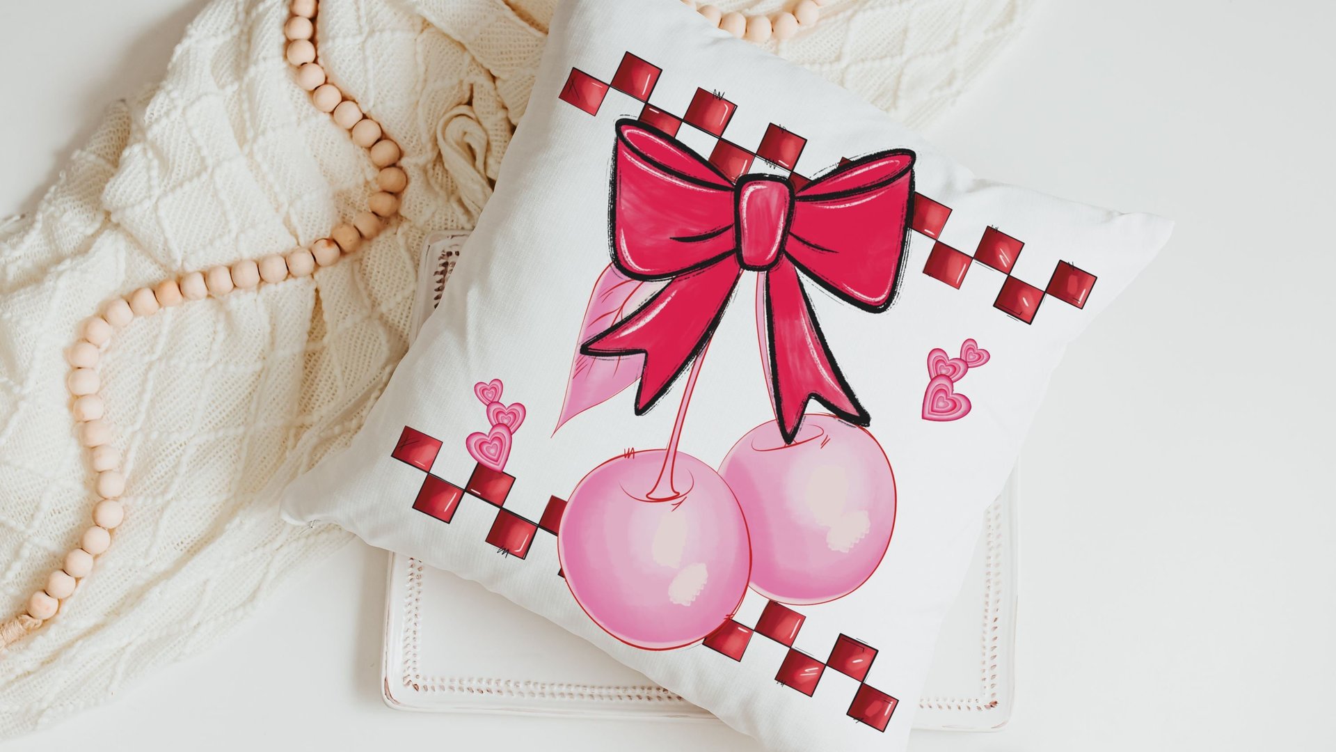 cherry bow Valentines kitchen towel for friends, rockabilly decor, cute Valentines gifts for girlfriend, 1950s inspired retro kitchen decor